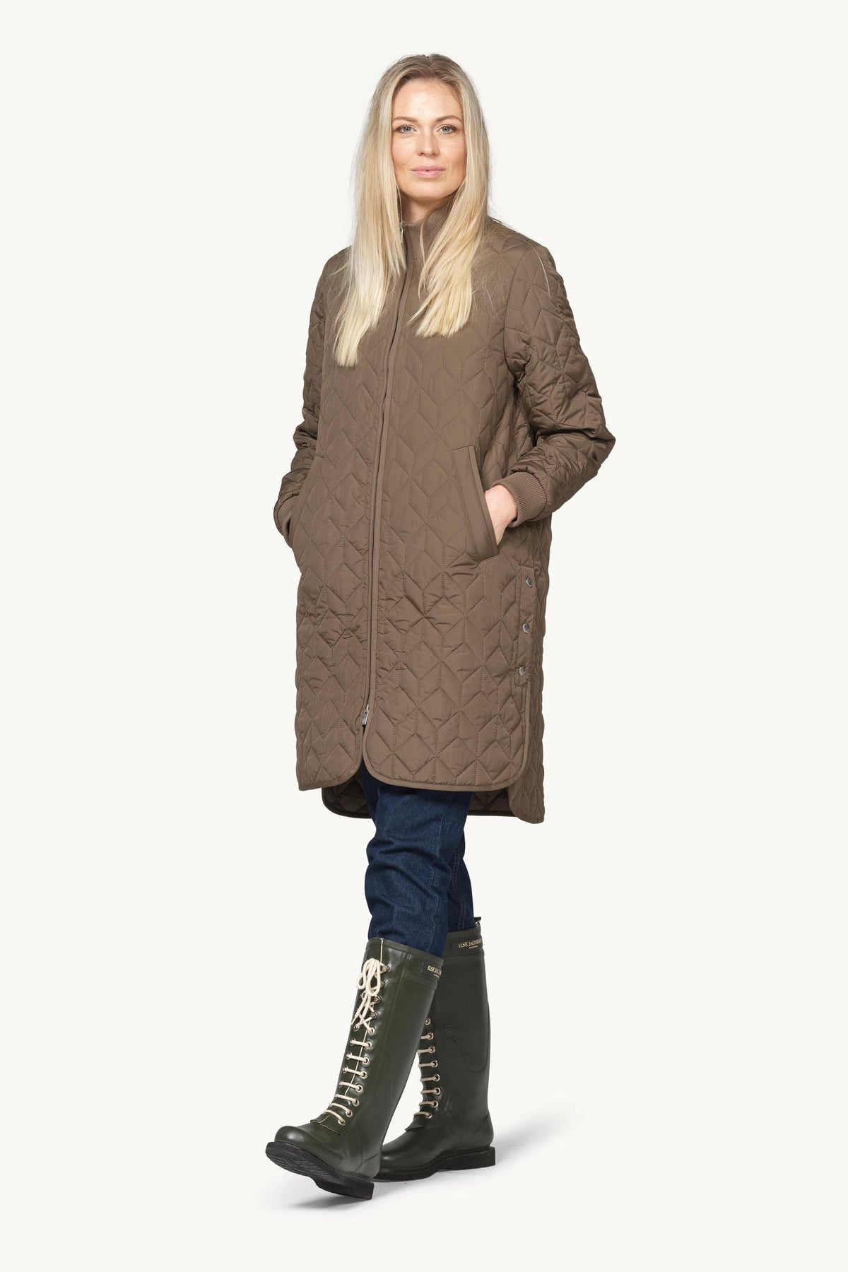 Long A-Lined Quilted Jacket - Mud