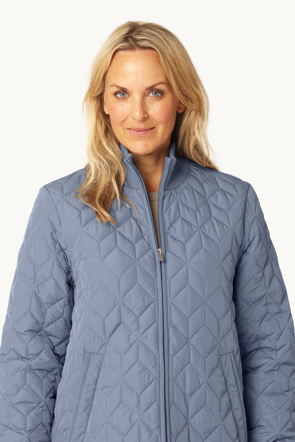 Long A-Lined Quilted Jacket - Grey Blue