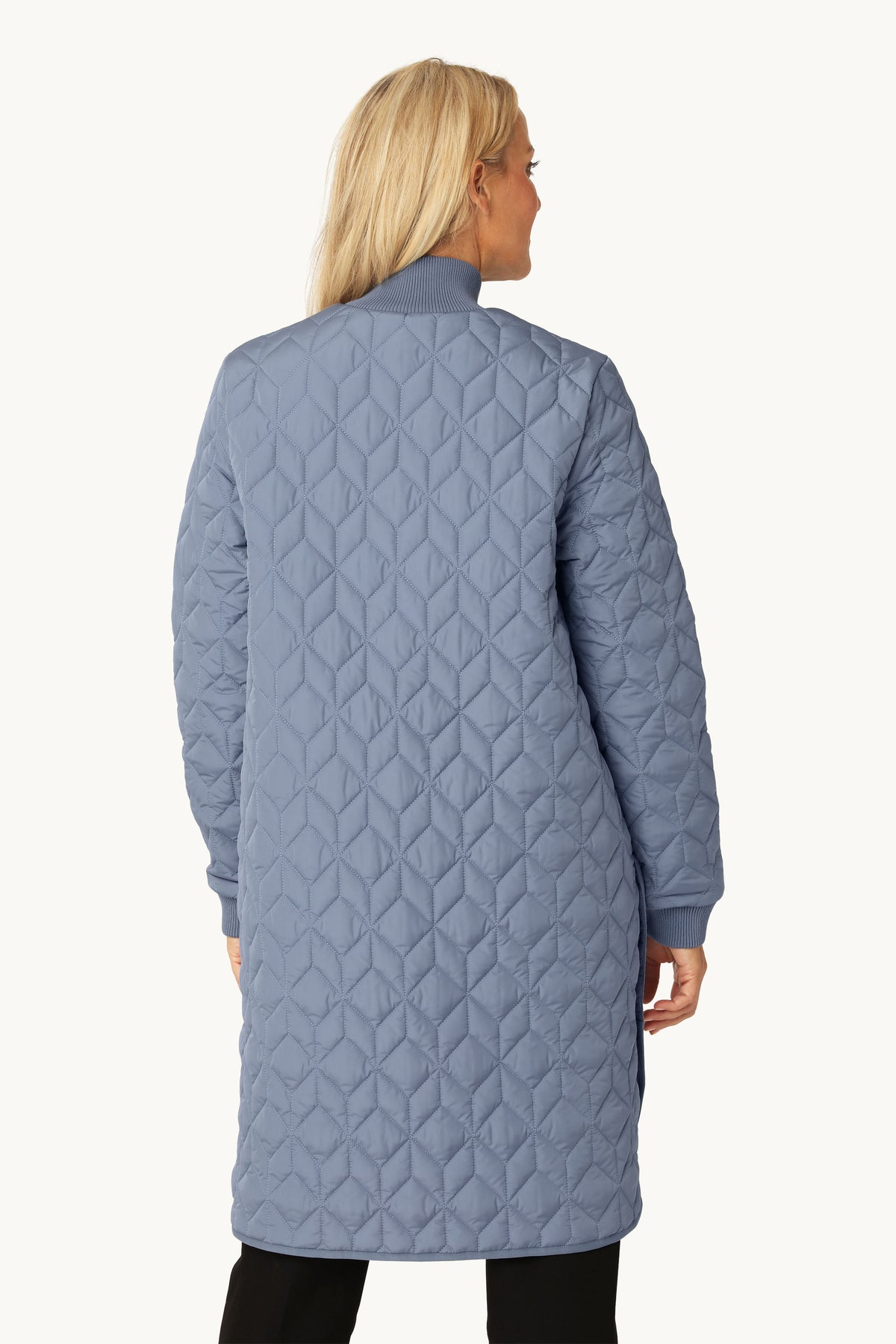 Long A-Lined Quilted Jacket - Grey Blue