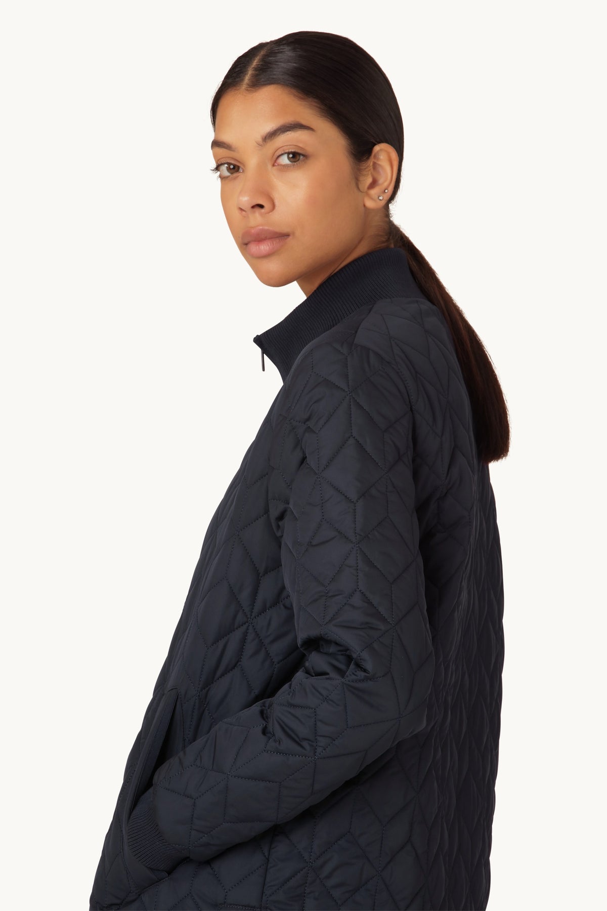 Long A-Lined Quilted Jacket - Dark Indigo