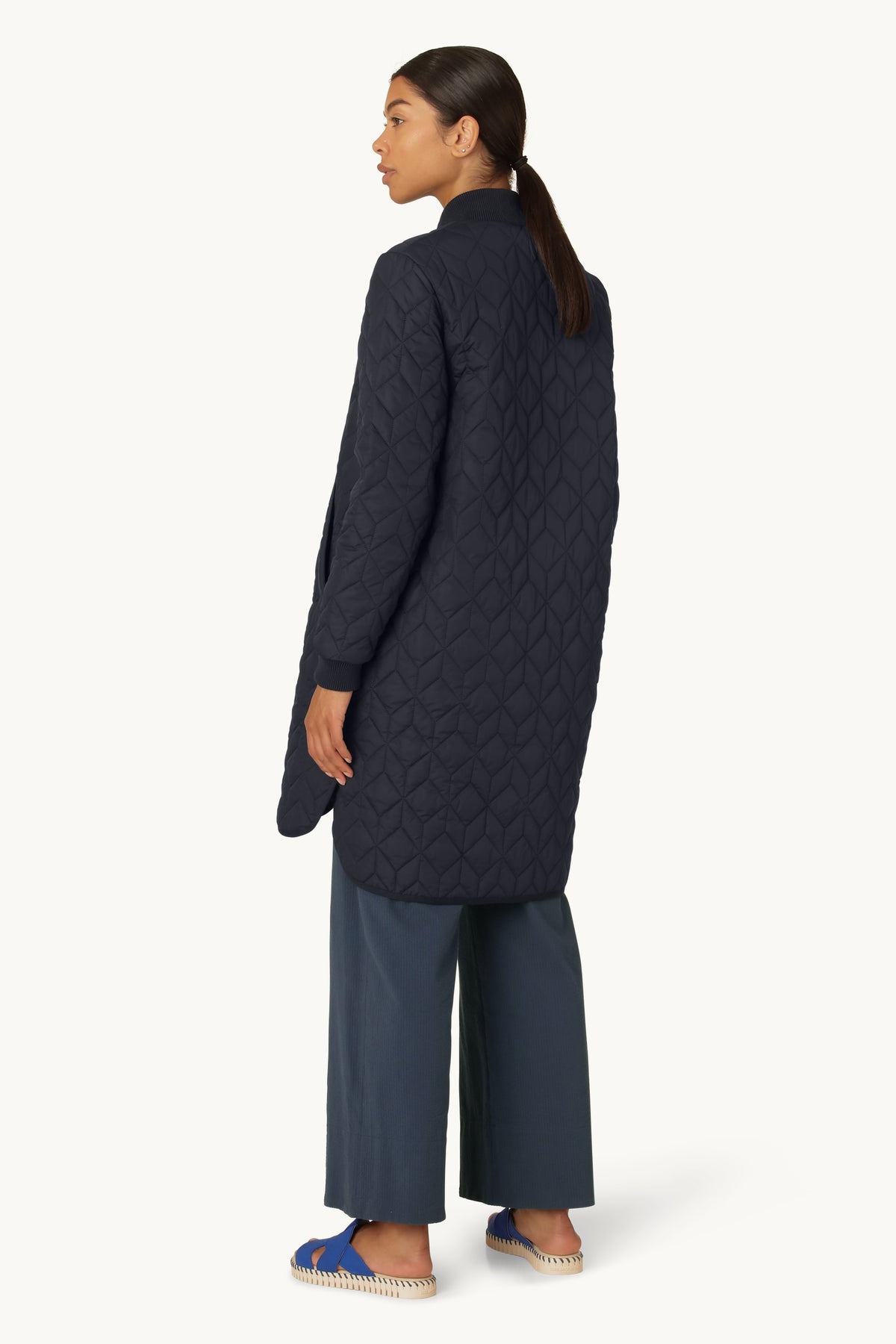 Long A-Lined Quilted Jacket - Dark Indigo