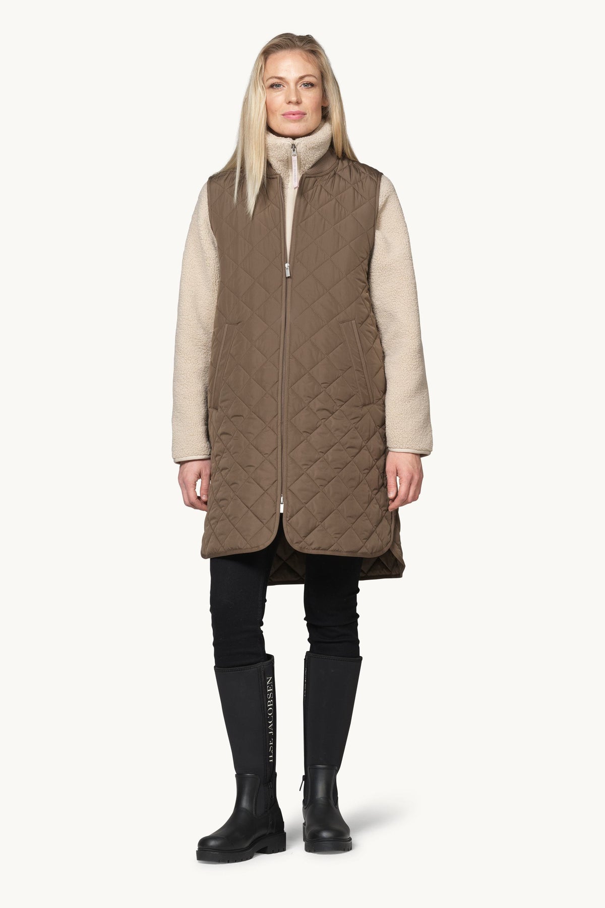 Long A-Lined Quilted Vest with Side Slit - Mud