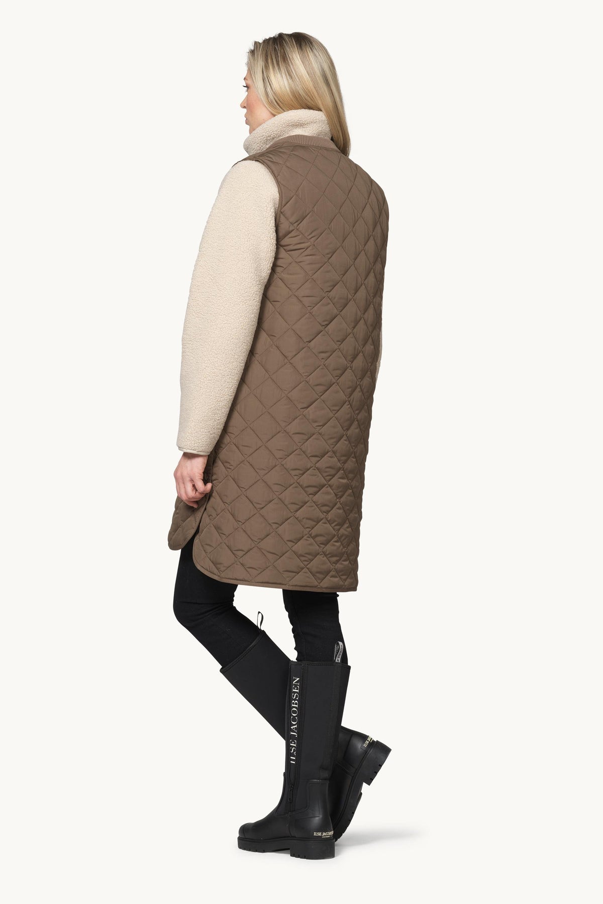 Long A-Lined Quilted Vest with Side Slit - Mud