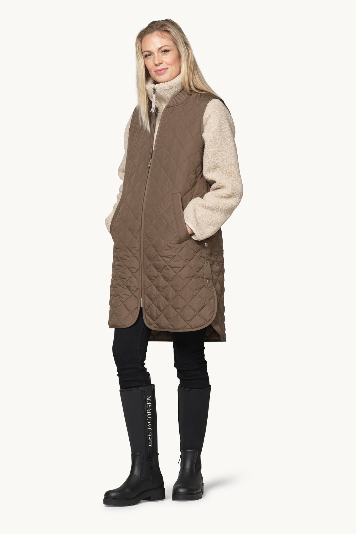 Long A-Lined Quilted Vest with Side Slit - Mud