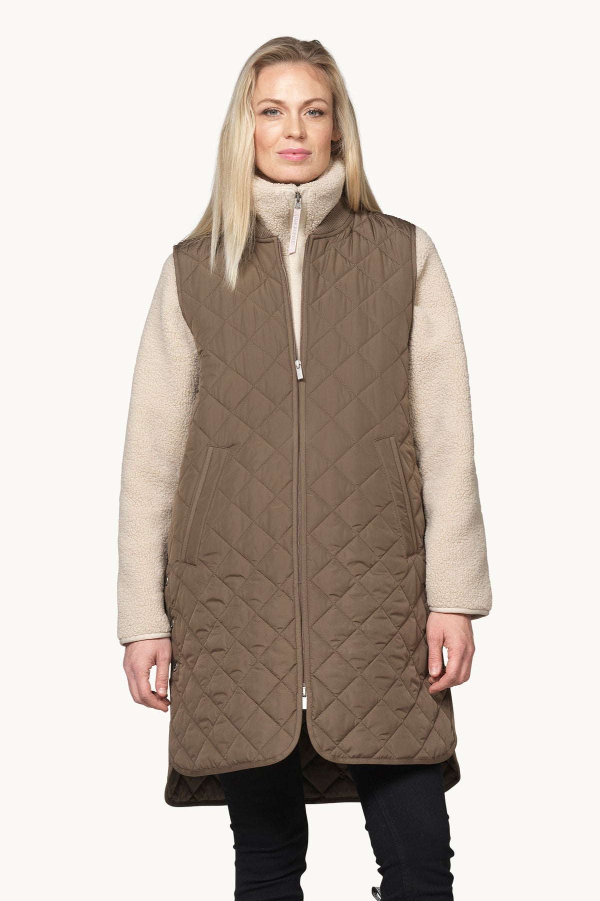 Long A-Lined Quilted Vest with Side Slit - Mud