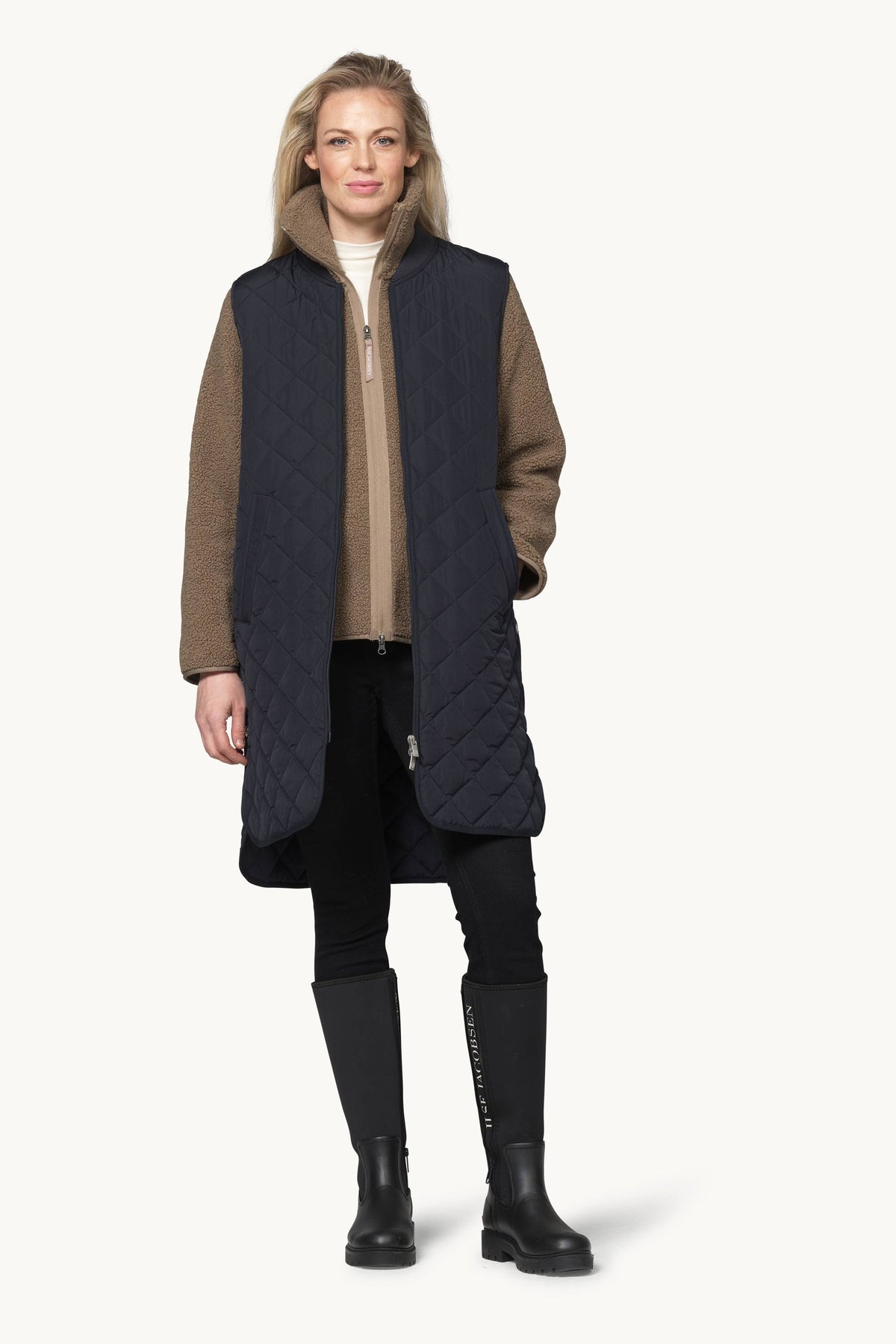 Long A-Lined Quilted Vest with Side Slit - Dark Indigo