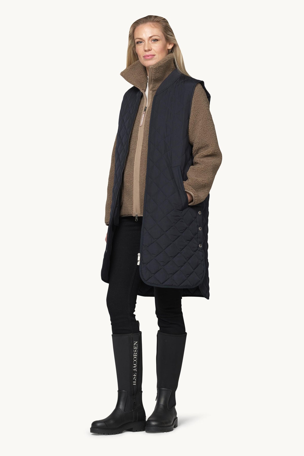 Long A-Lined Quilted Vest with Side Slit - Dark Indigo