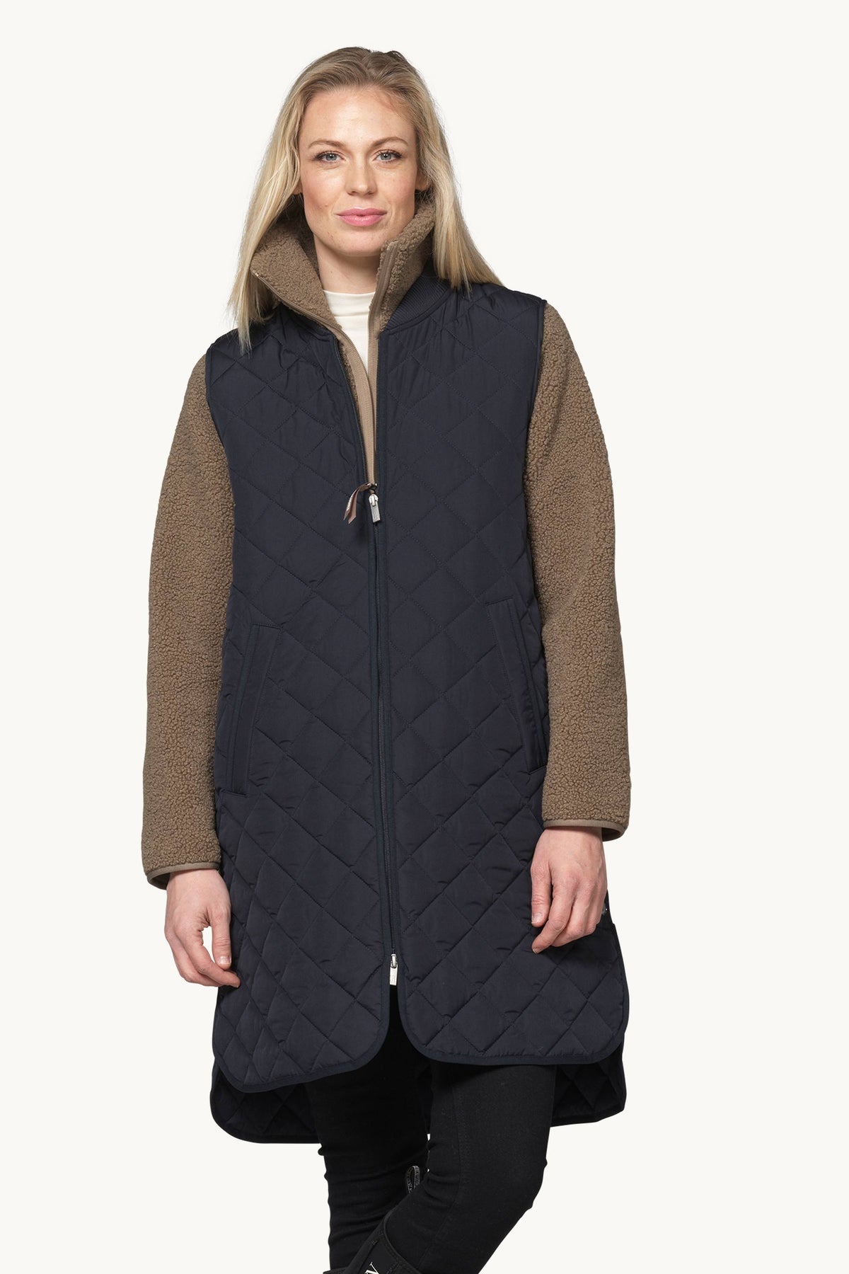 Long A-Lined Quilted Vest with Side Slit - Dark Indigo