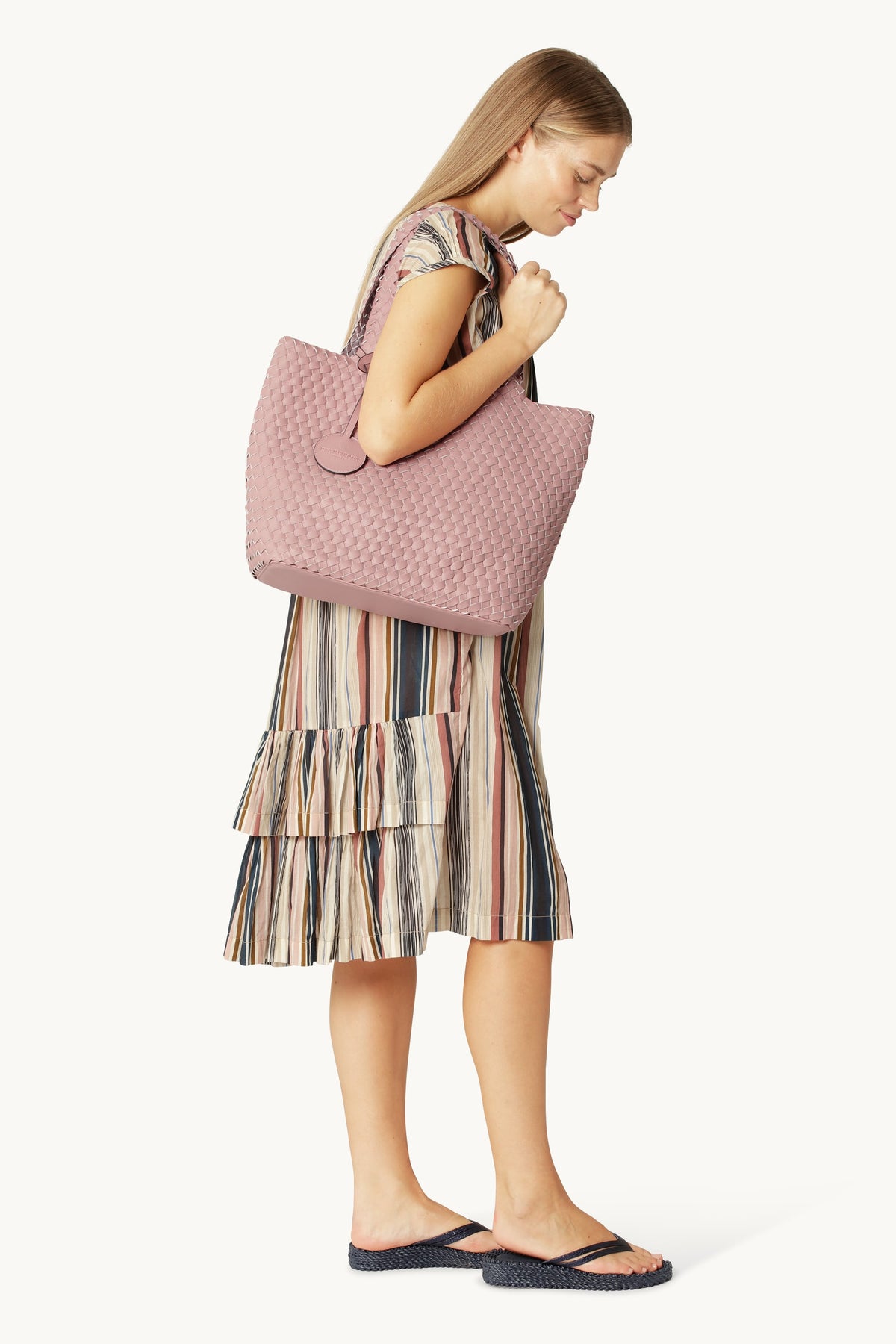 Reversed Braided Tote Bag with Logo Tag - Adobe Rose Lotus