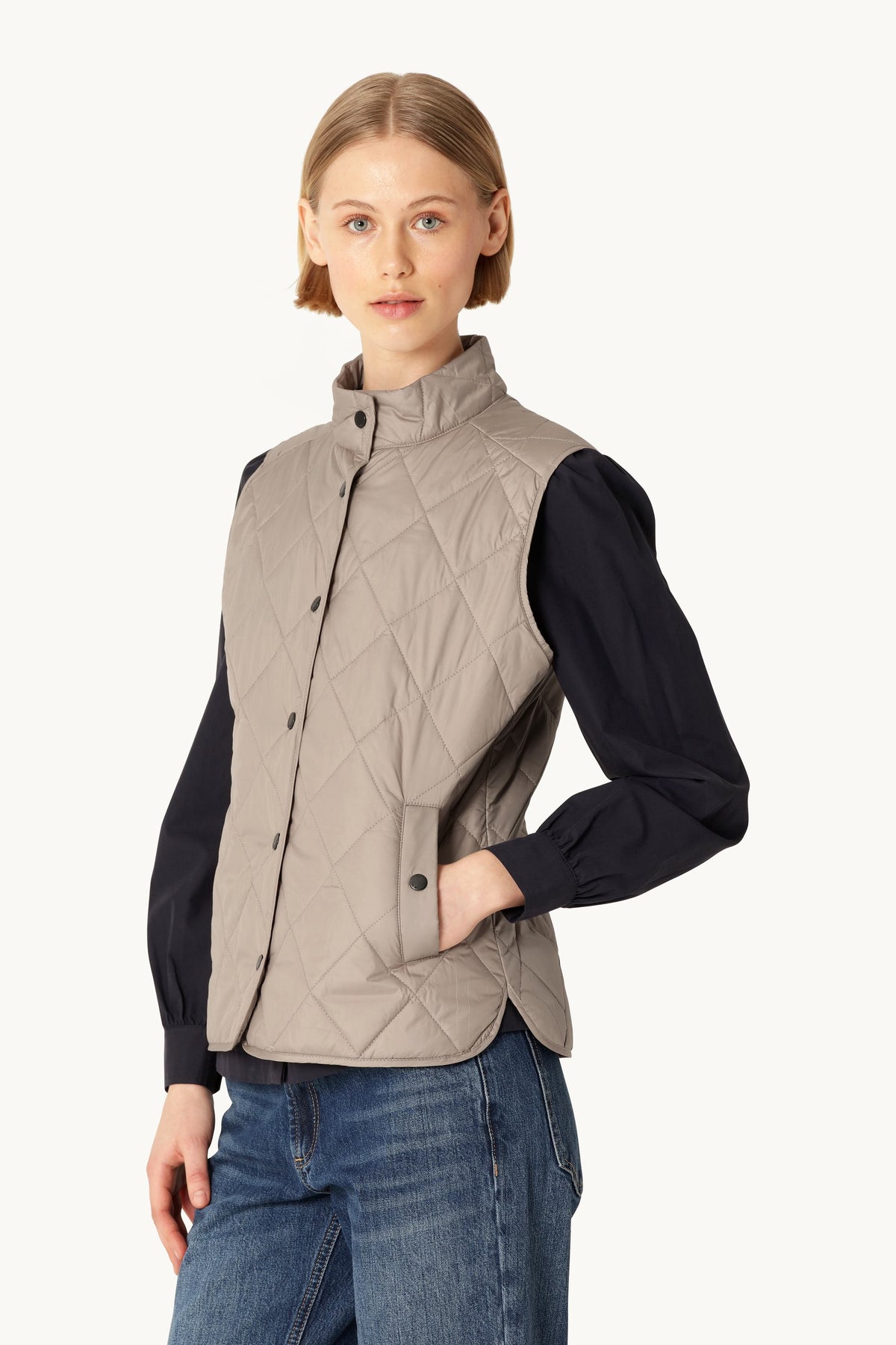 Short Quilted Vest with Press Buttons - Greige