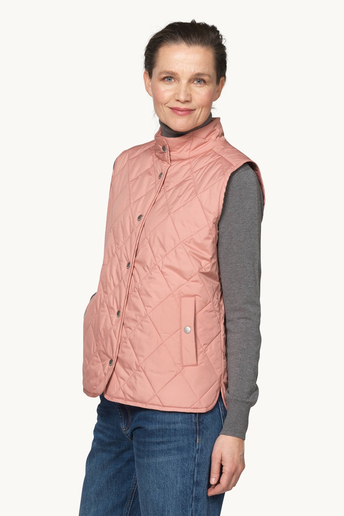 Short Quilted Vest with Press Buttons - Ash Rose