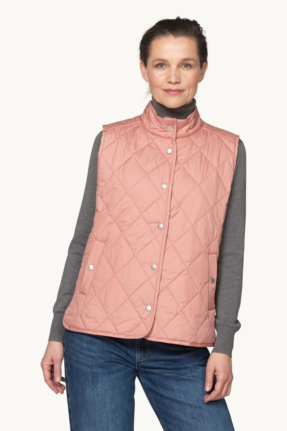 Short Quilted Vest with Press Buttons - Ash Rose