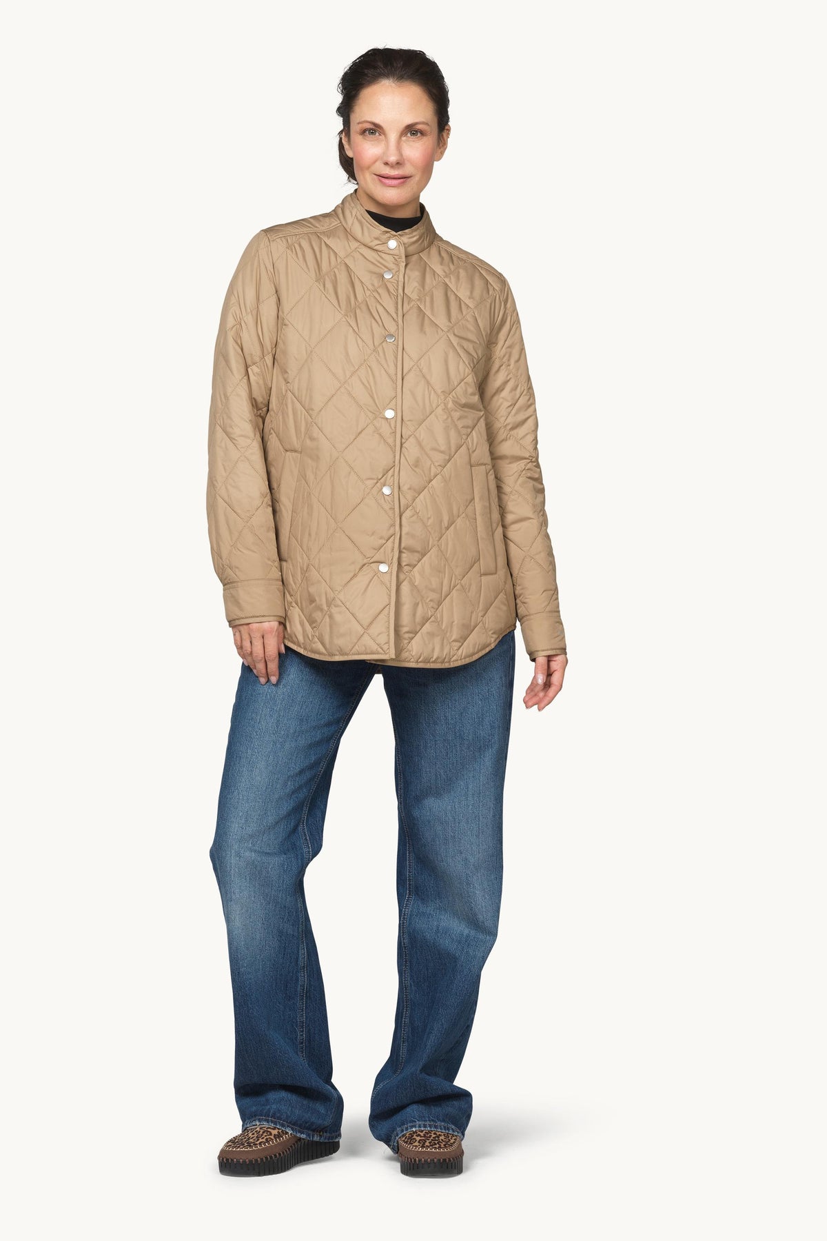 Quilted Shirt Jacket with Press Buttons - Sepia Tint