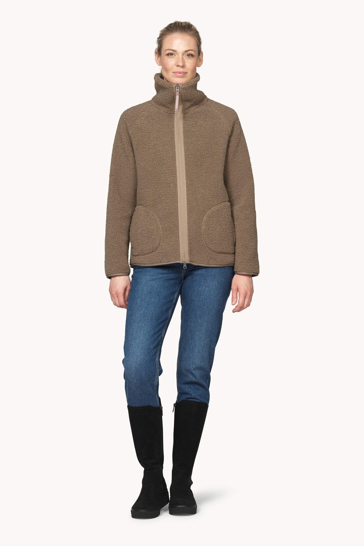 Short Soft Pile Jacket with Zipper - Greige