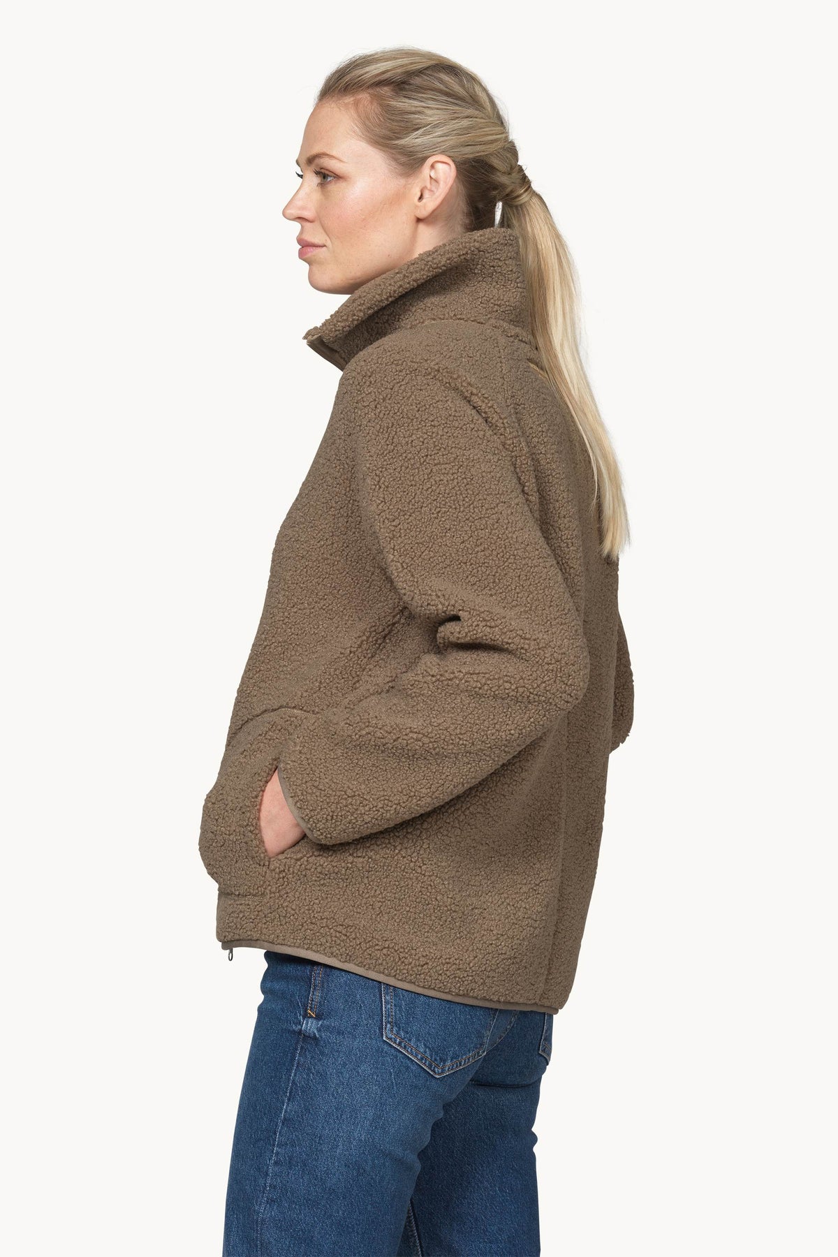 Short Soft Pile Jacket with Zipper - Greige