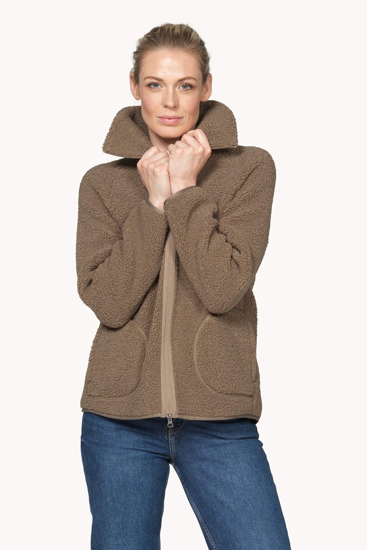 Short Soft Pile Jacket with Zipper - Greige