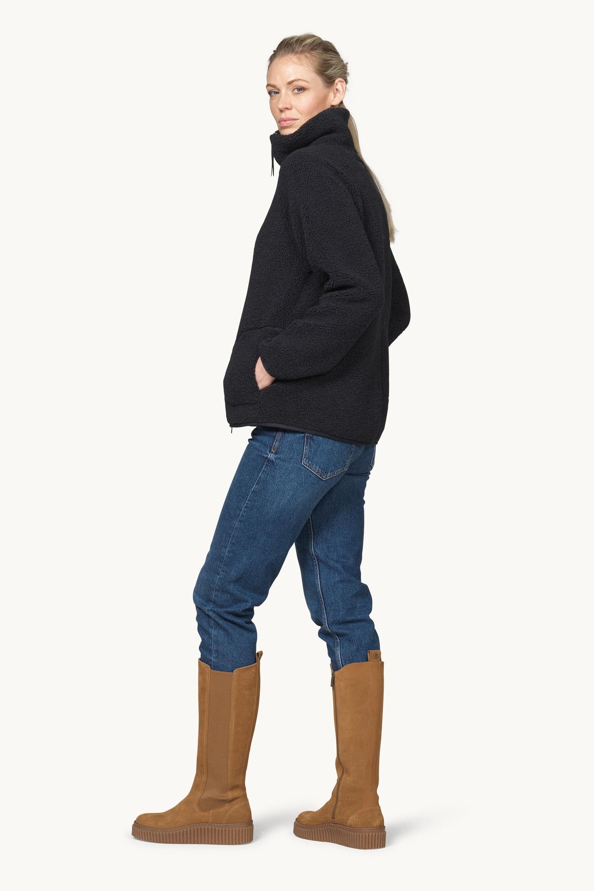 Short Soft Pile Jacket with Zipper - Dark Indigo