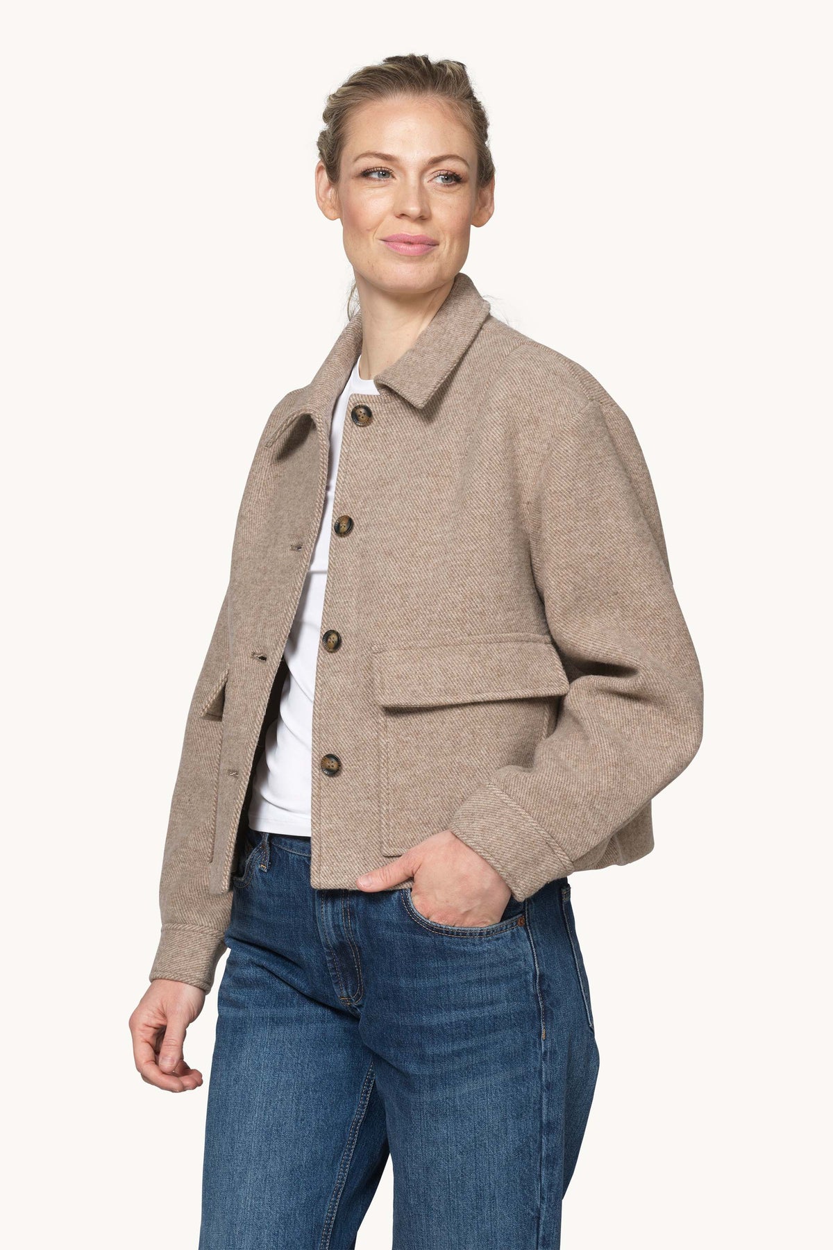 Short buttoned Jacket with Patched Pockets - Greige