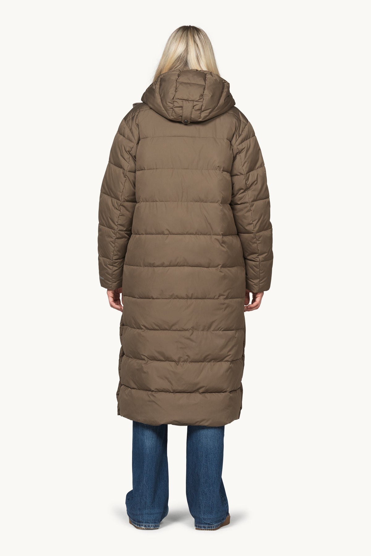 Long Warm Padded Coat with Hood - Mud