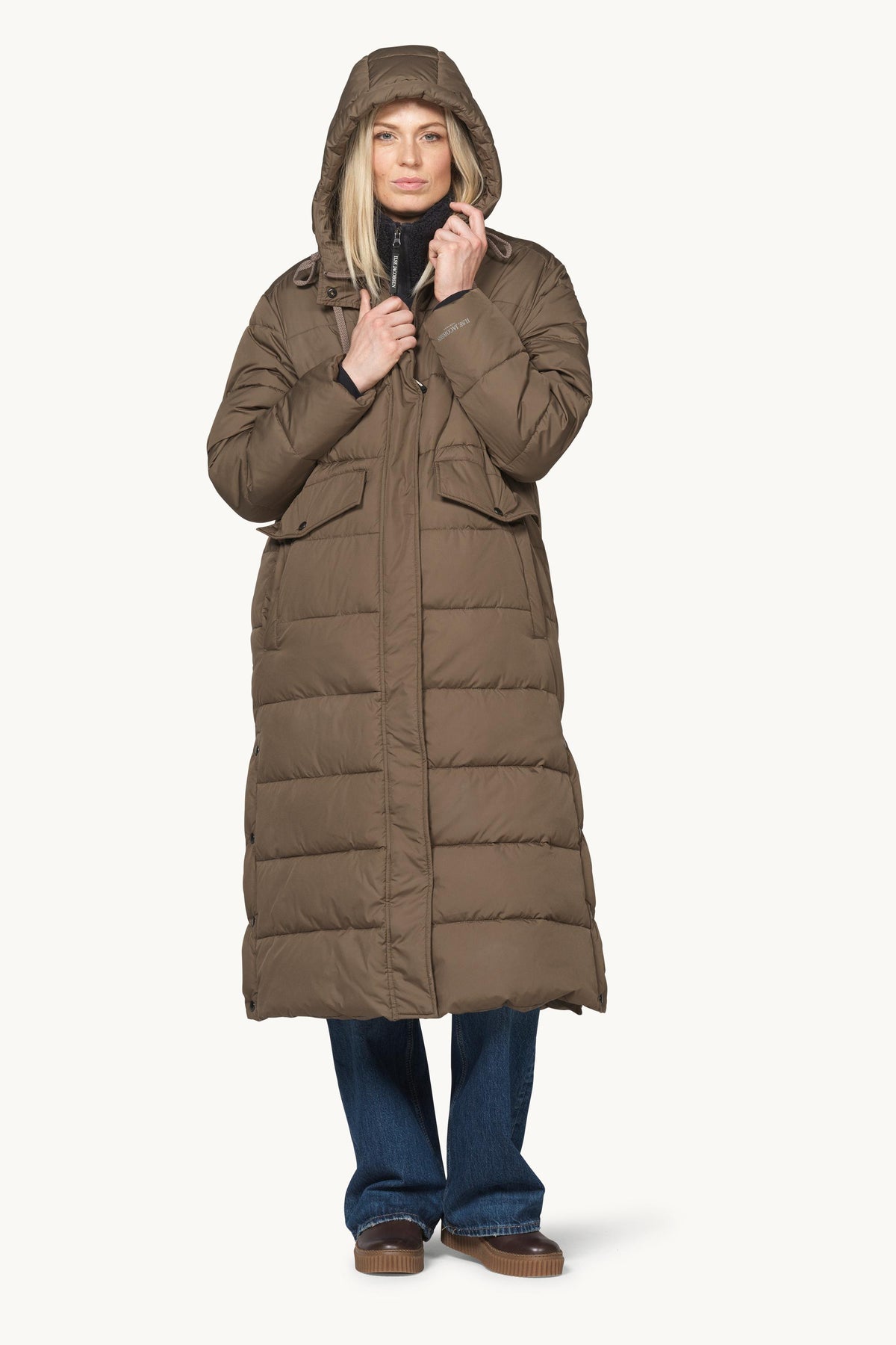 Long Warm Padded Coat with Hood - Mud