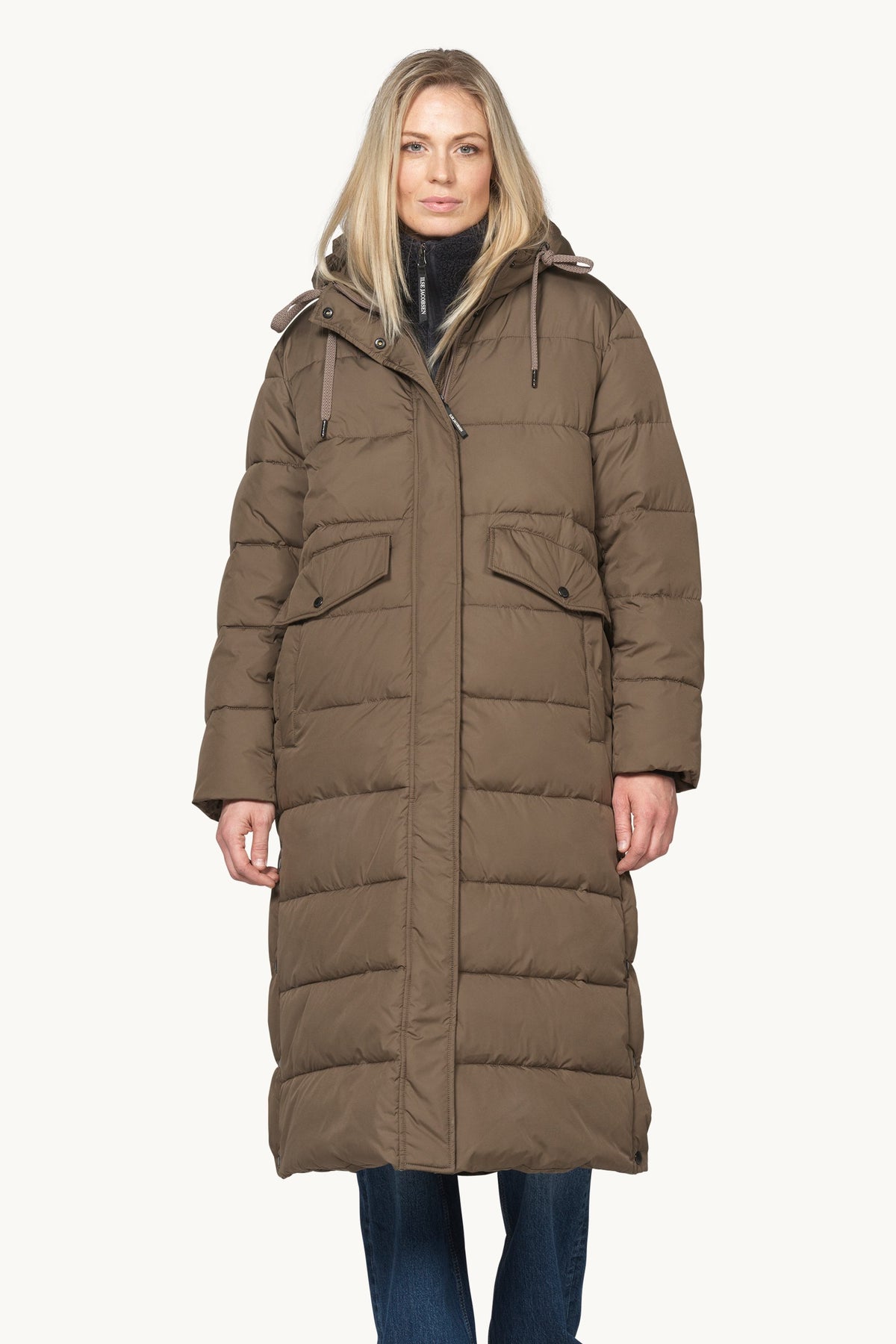 Long Warm Padded Coat with Hood - Mud
