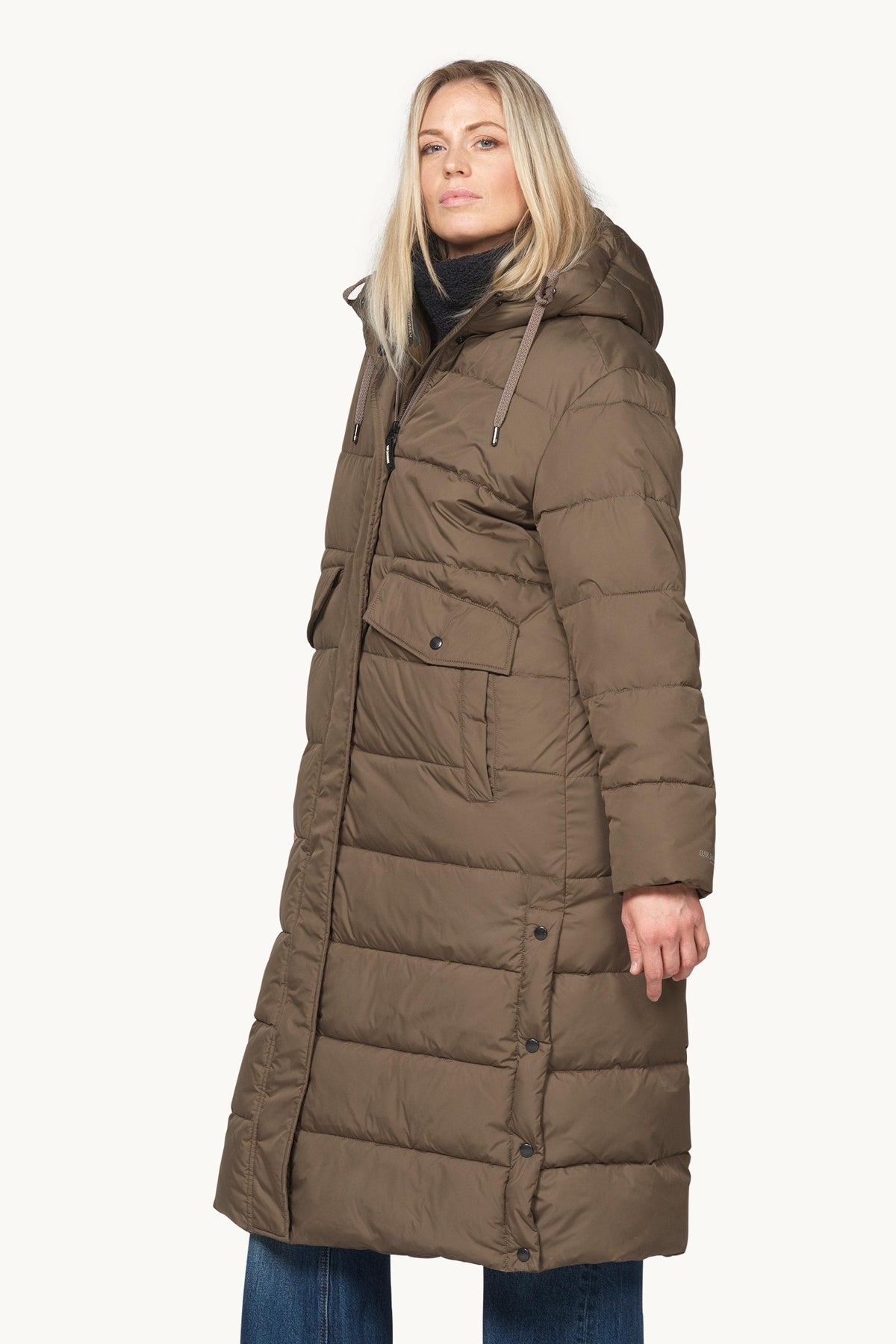 Long Warm Padded Coat with Hood - Mud