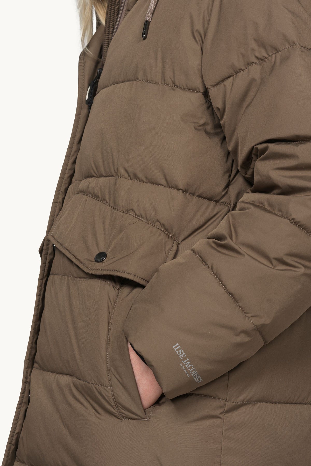Long Warm Padded Coat with Hood - Mud