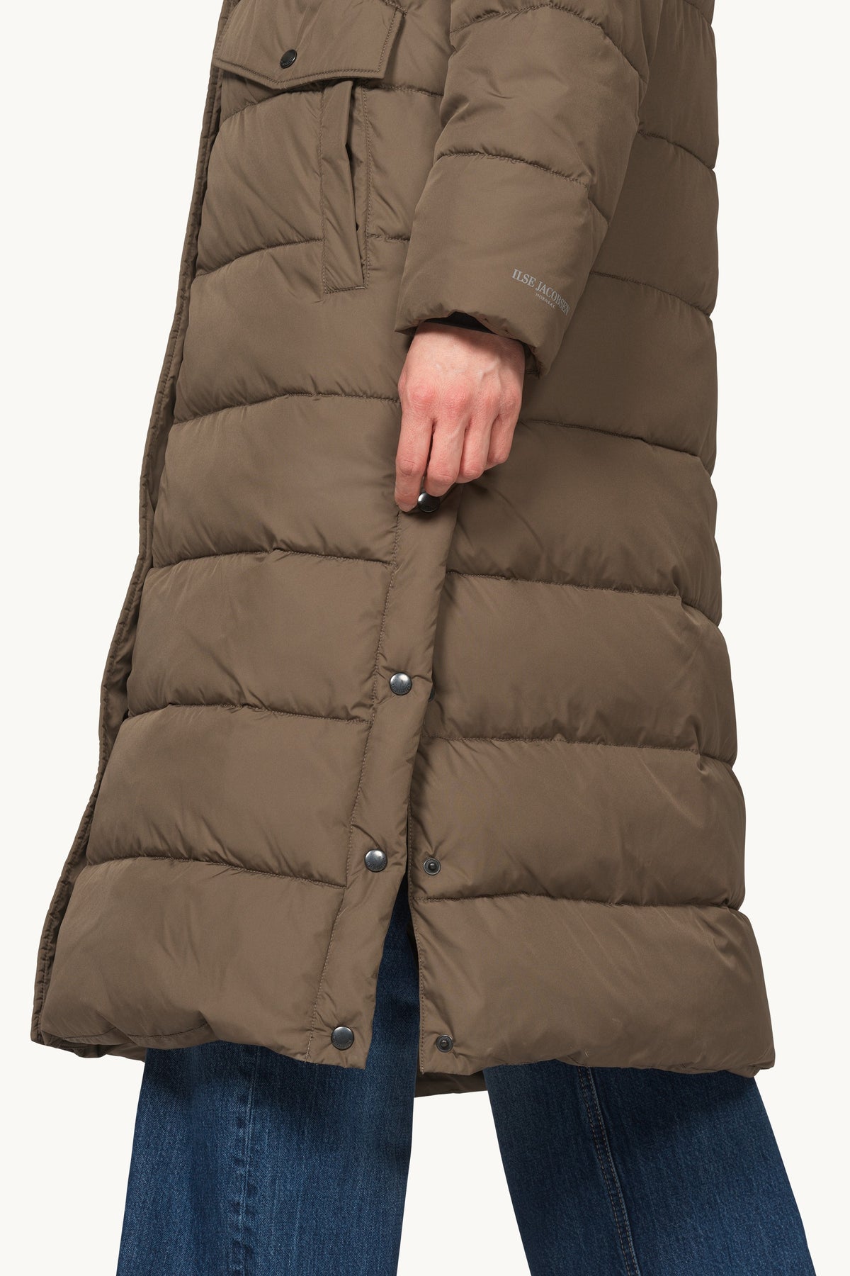 Long Warm Padded Coat with Hood - Mud
