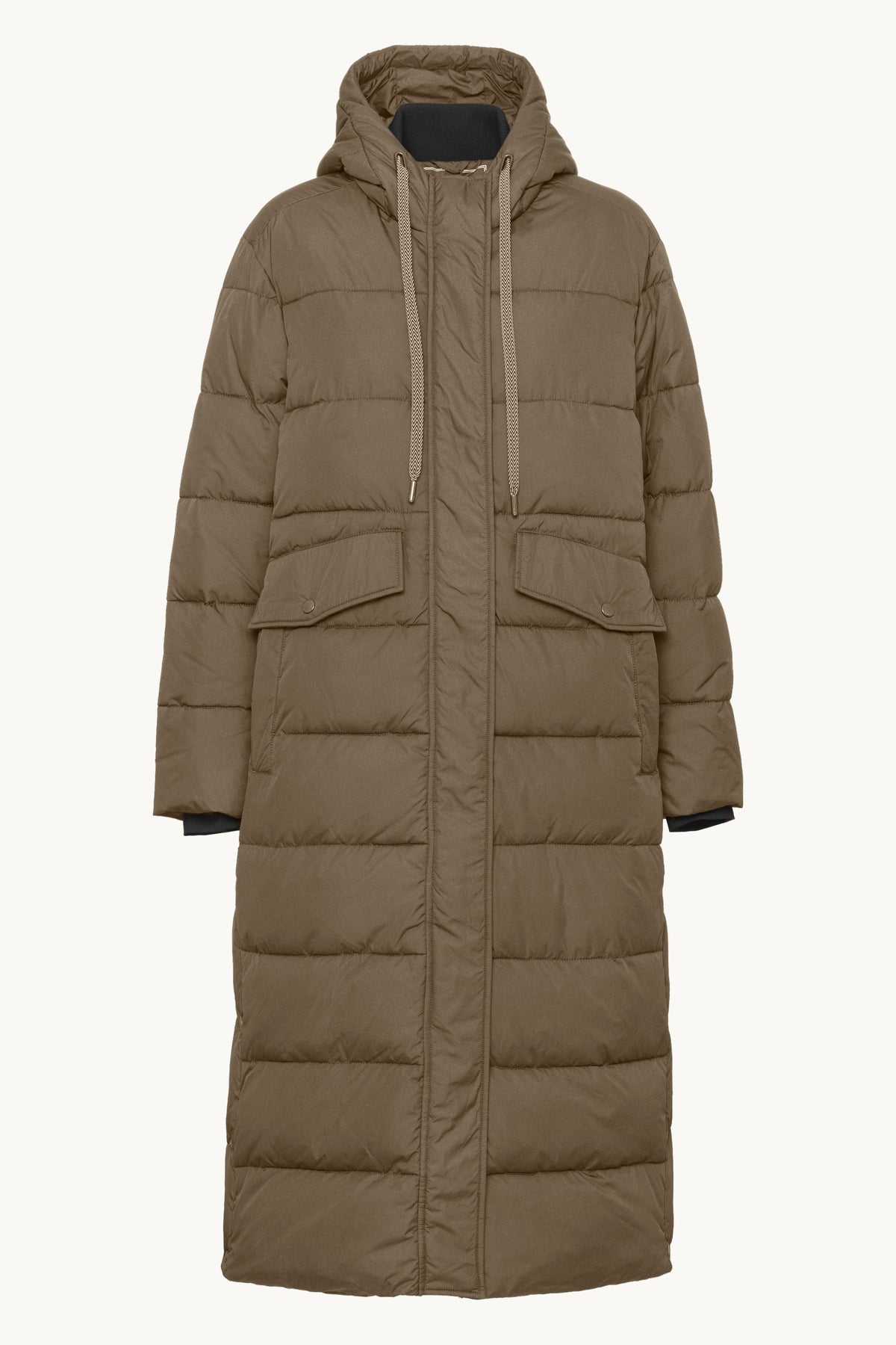 Long Warm Padded Coat with Hood - Mud