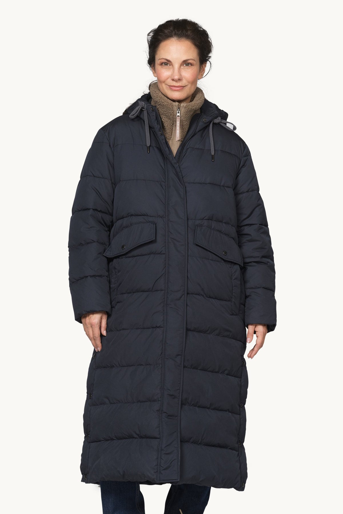 Long Warm Padded Coat with Hood - Dark Indigo