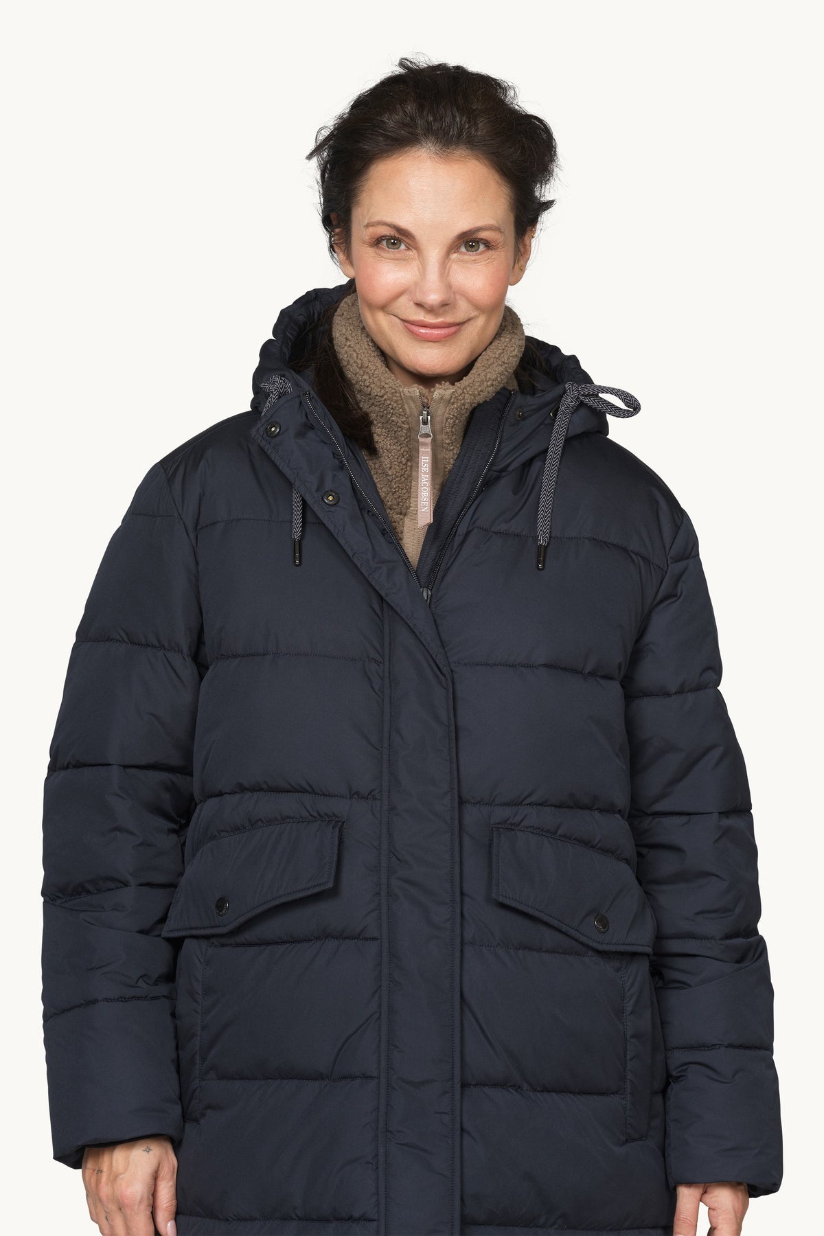Long Warm Padded Coat with Hood - Dark Indigo