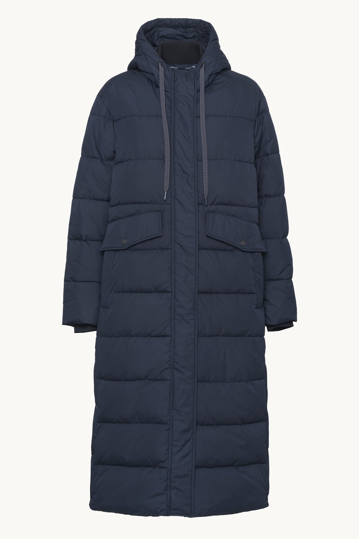 Long Warm Padded Coat with Hood - Dark Indigo