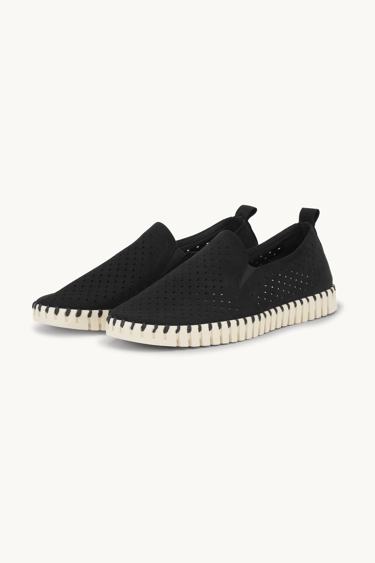 Men's Laser-cut Slip-on Shoes with Elastic Panels on Flat Sole - Black