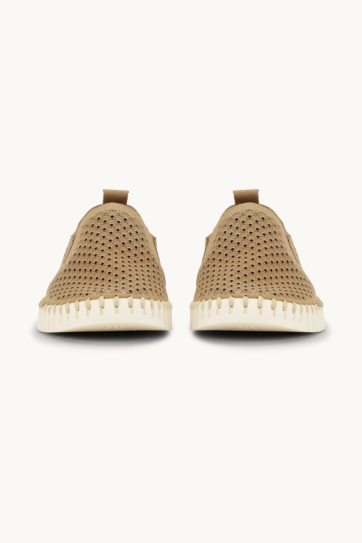 Men's Laser-cut Slip-on Shoes with Elastic Panels on Flat Sole - Latte