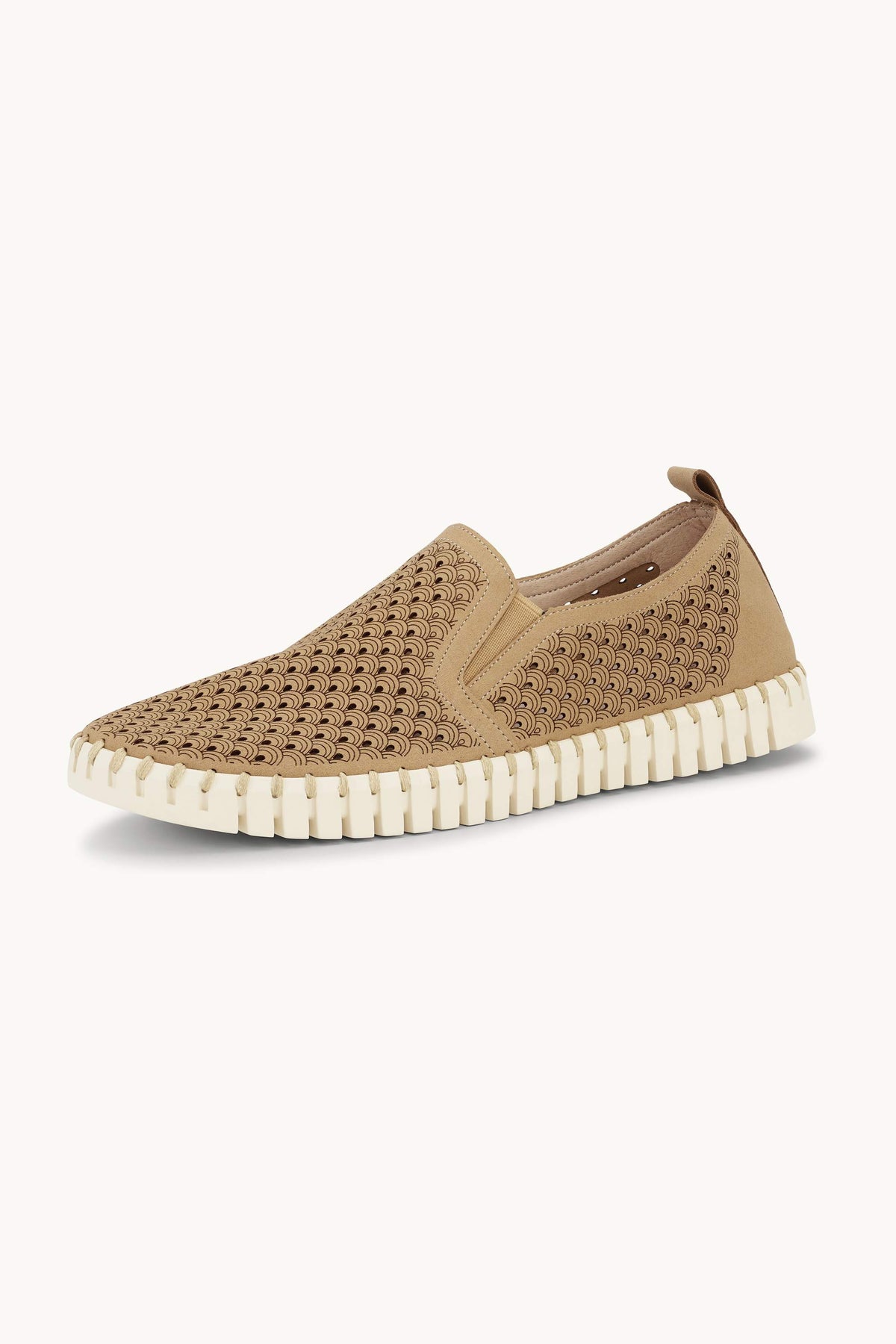 Men's Laser-cut Slip-on Shoes with Elastic Panels on Flat Sole - Latte