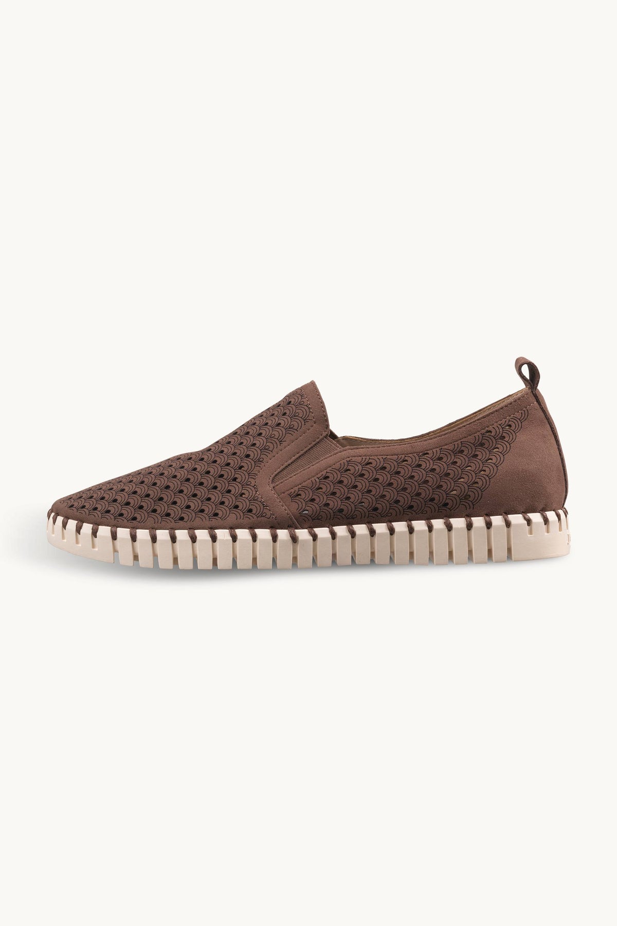 Men's Laser-cut Slip-on Shoes with Elastic Panels on Flat Sole - Brown Pearled Ivory
