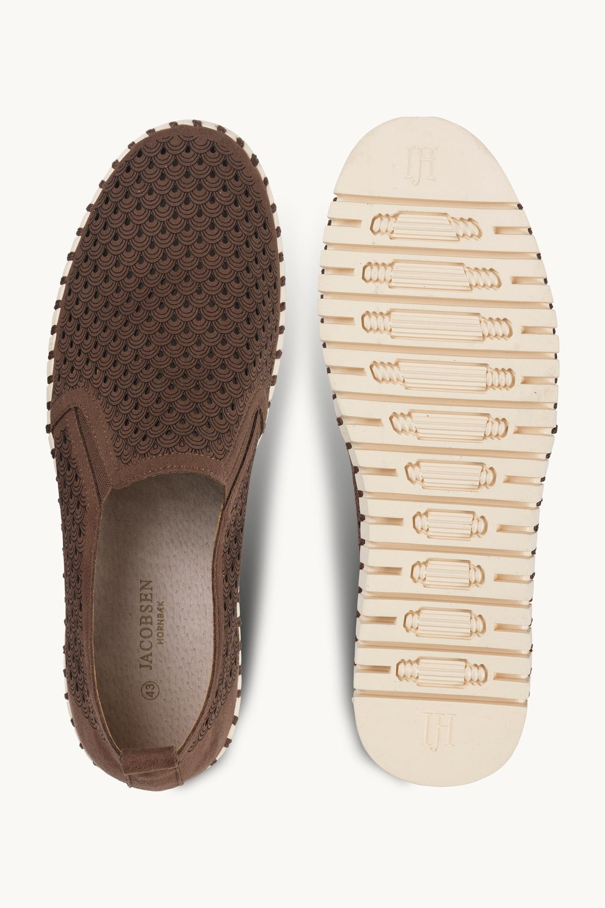 Men's Laser-cut Slip-on Shoes with Elastic Panels on Flat Sole - Brown Pearled Ivory