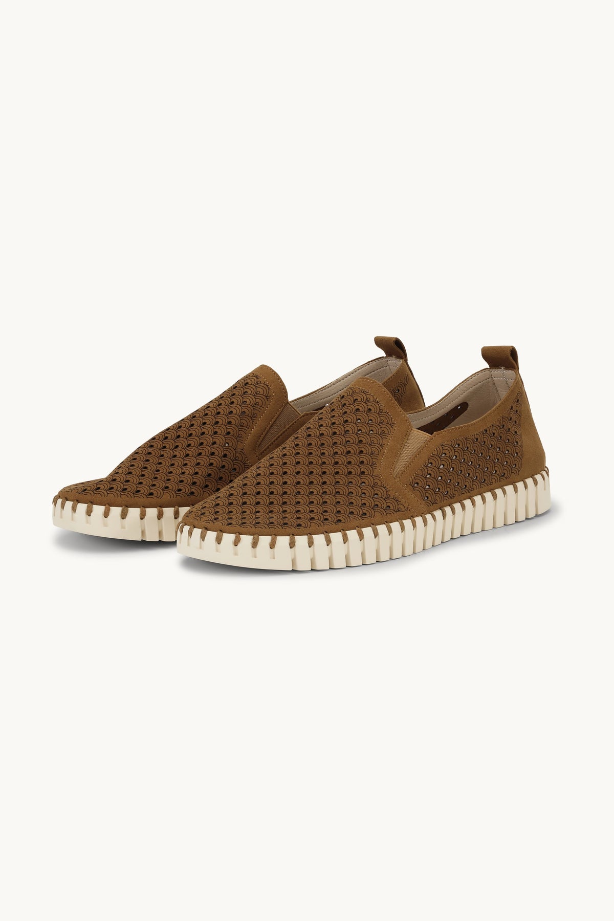 Men's Laser-cut Slip-on Shoes with Elastic Panels on Flat Sole - Cashew