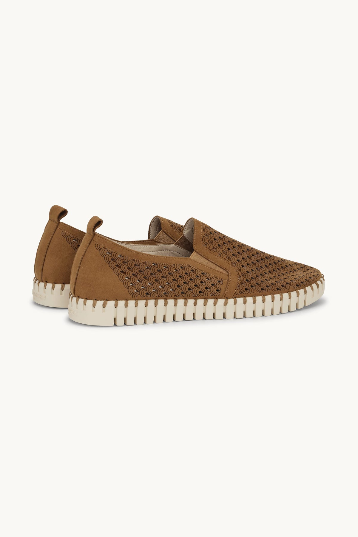 Men's Laser-cut Slip-on Shoes with Elastic Panels on Flat Sole - Cashew