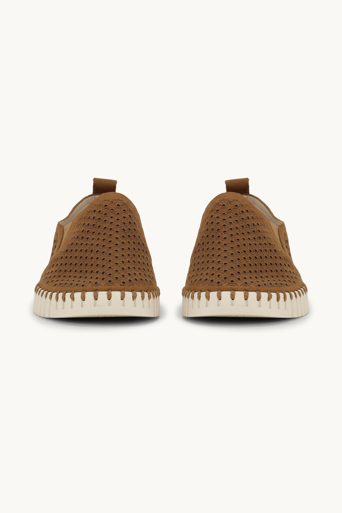 Men's Laser-cut Slip-on Shoes with Elastic Panels on Flat Sole - Cashew