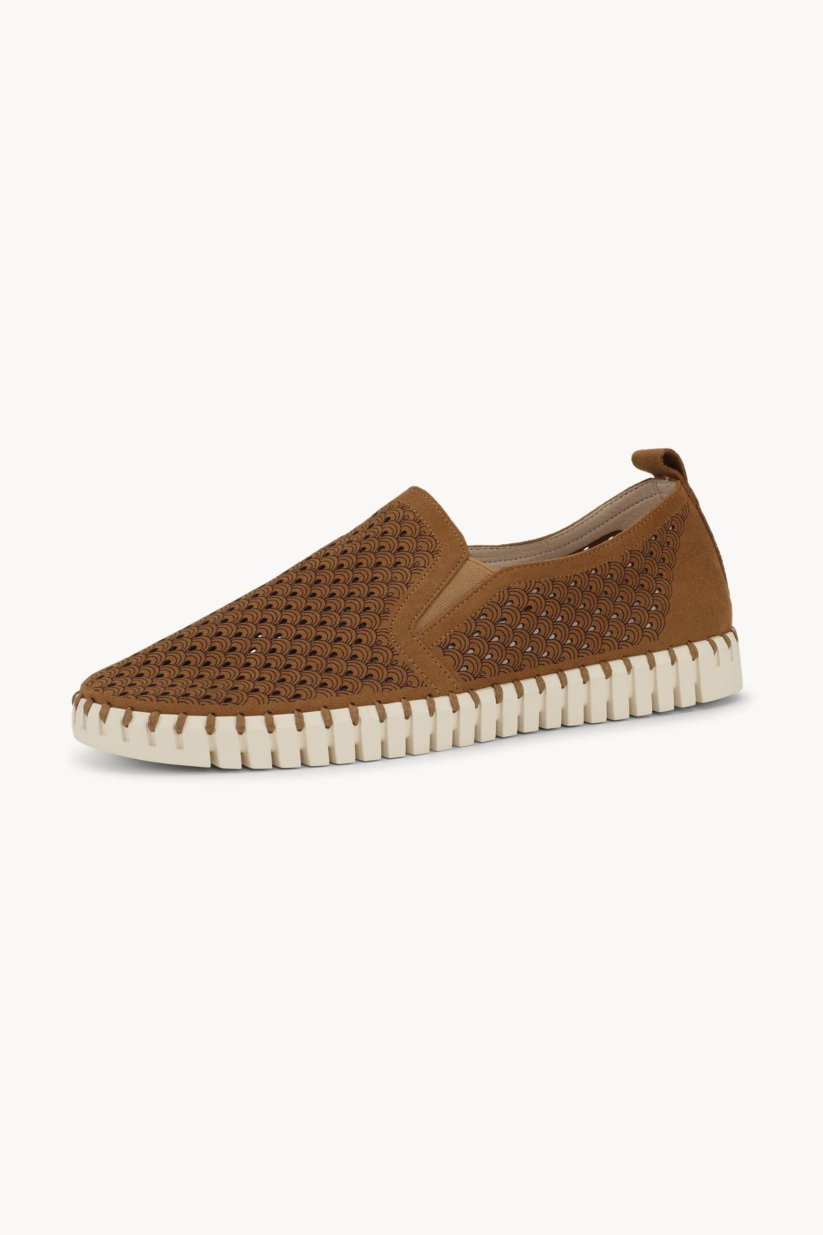 Men's Laser-cut Slip-on Shoes with Elastic Panels on Flat Sole - Cashew