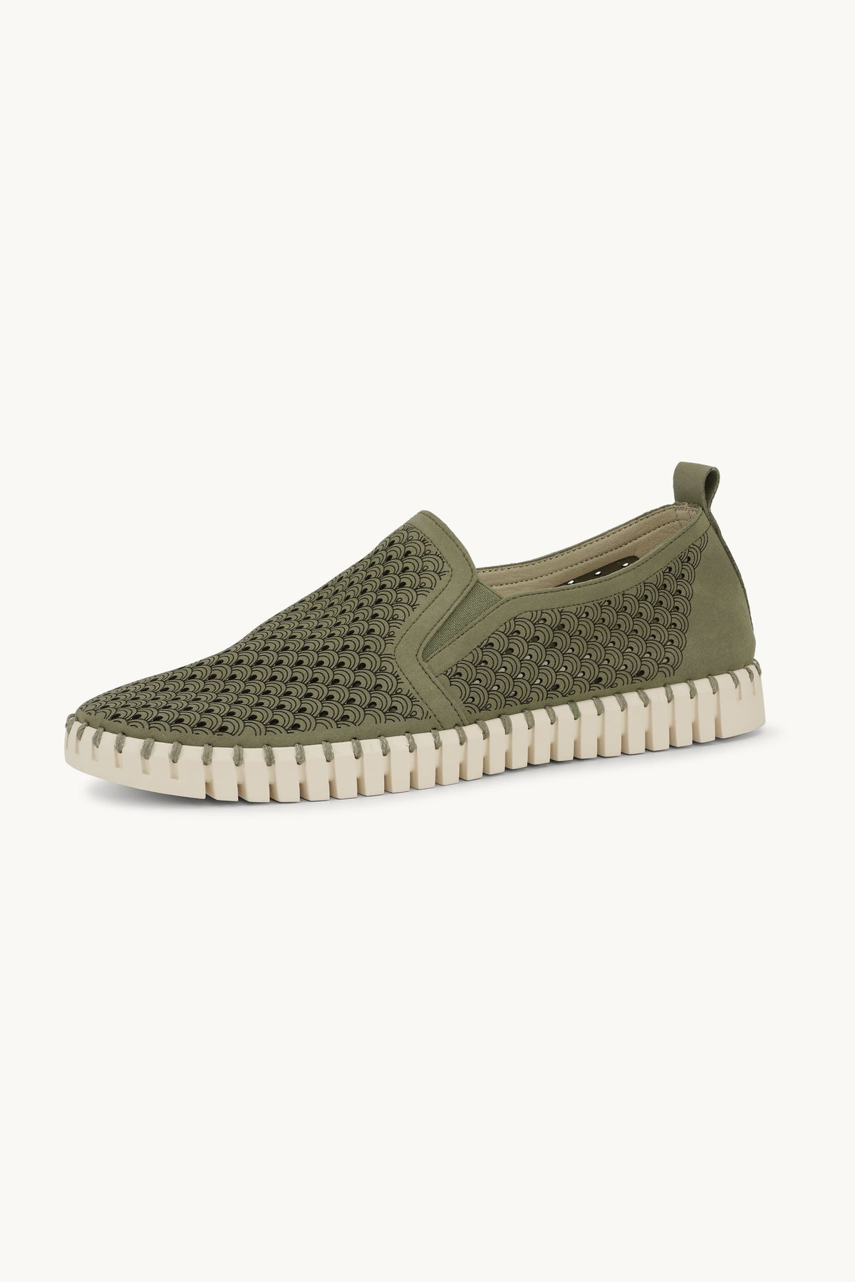Men's Laser-cut Slip-on Shoes with Elastic Panels on Flat Sole - Army
