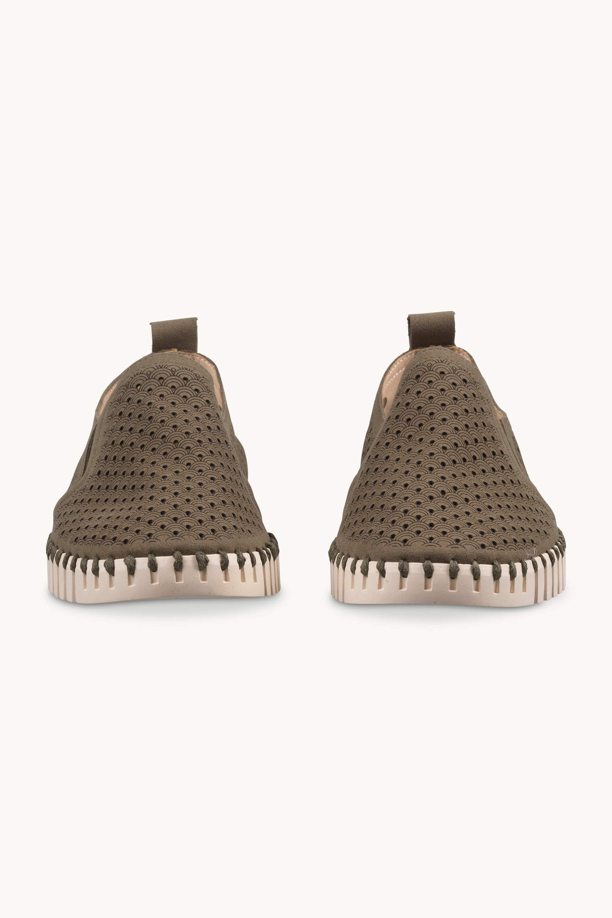Men's Laser-cut Slip-on Shoes with Elastic Panels on Flat Sole - Deep Olive Pearled Ivory