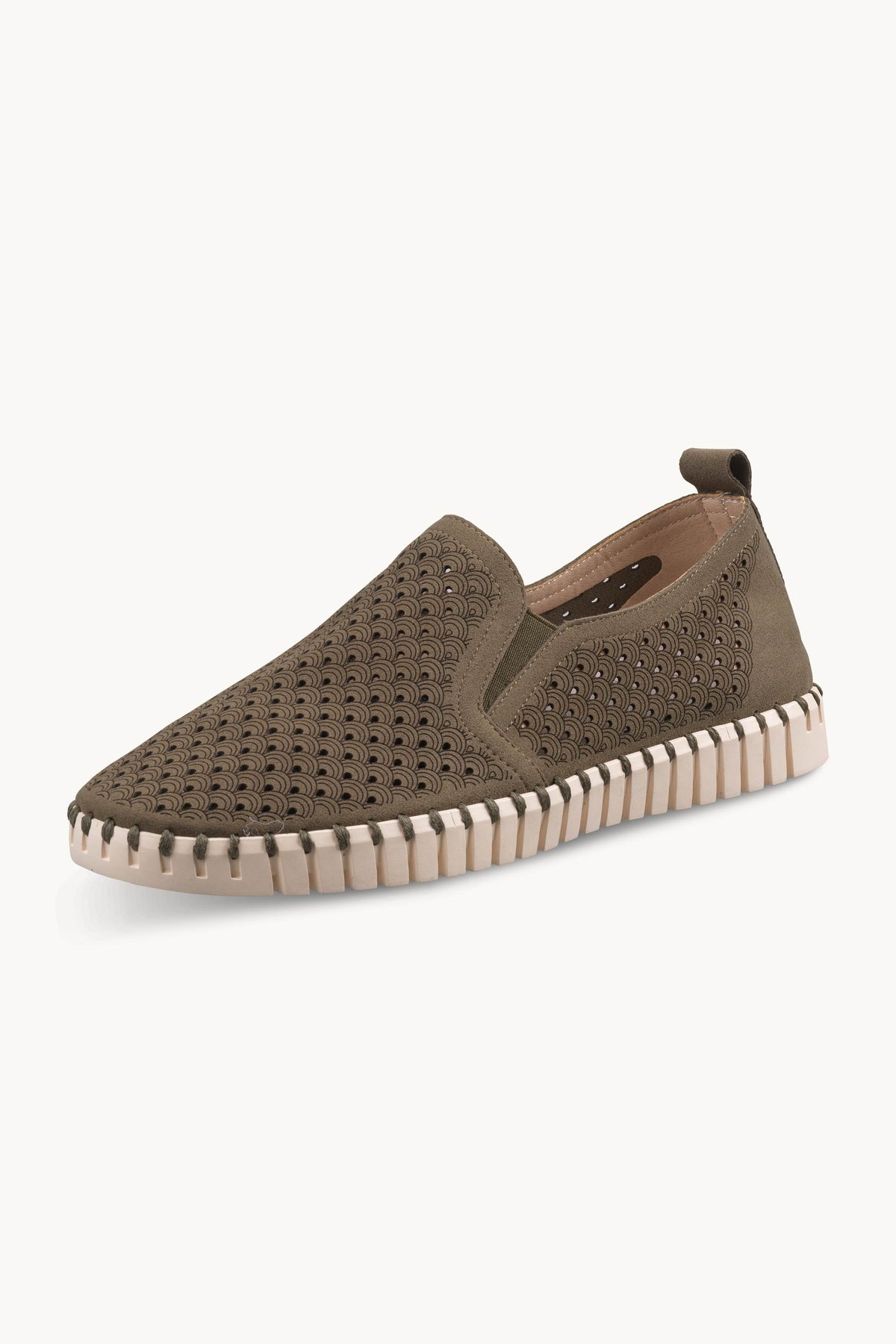 Men's Laser-cut Slip-on Shoes with Elastic Panels on Flat Sole - Deep Olive Pearled Ivory