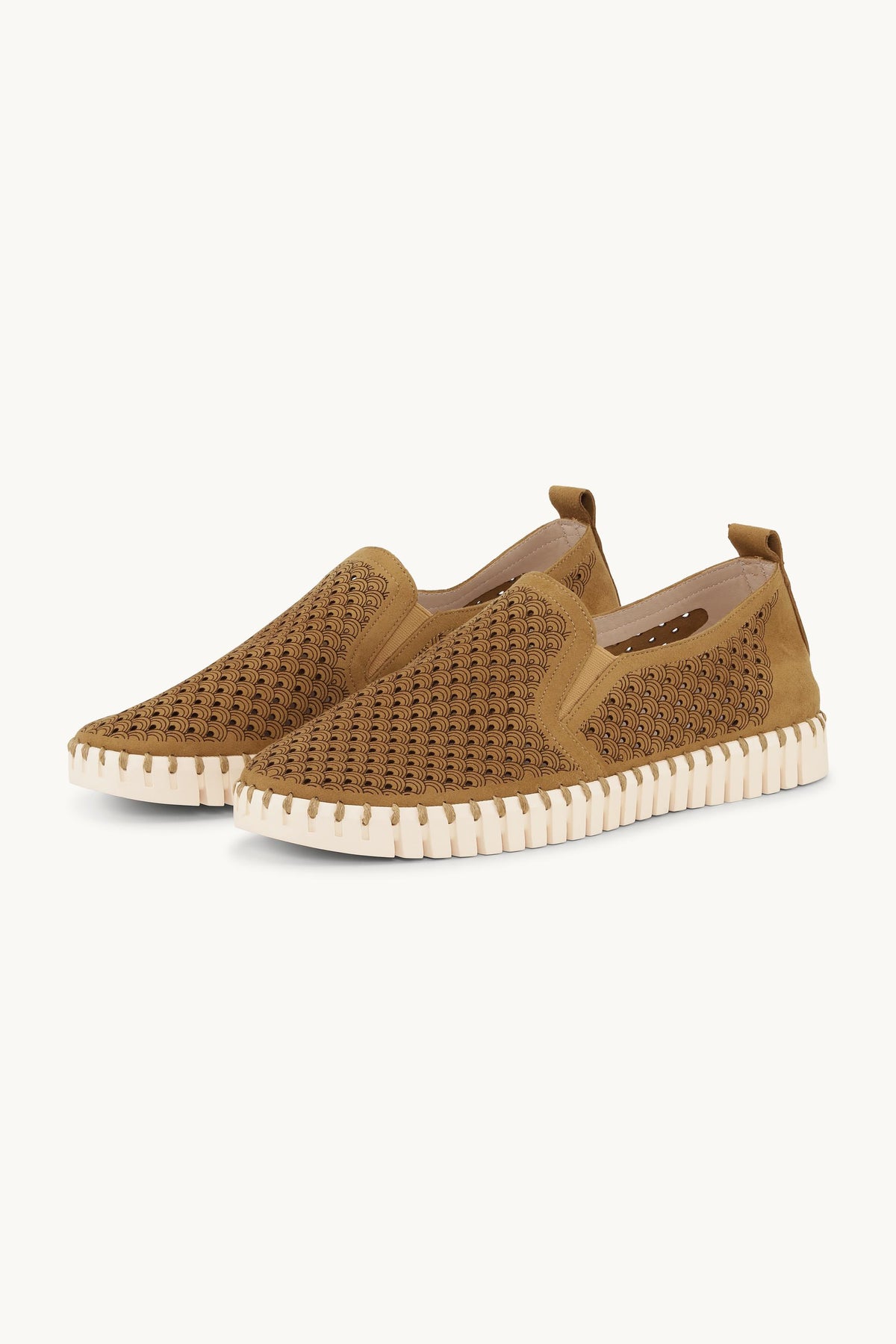 Men's Laser-cut Slip-on Shoes with Elastic Panels on Flat Sole - Goldy Pearled Ivory