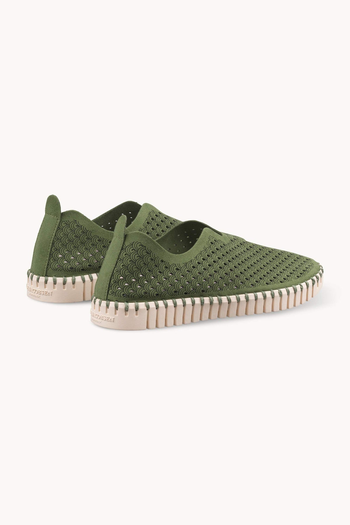 Laser-cut Slip-on Shoes on Flat Sole - Artichoke Green Pearled Ivory