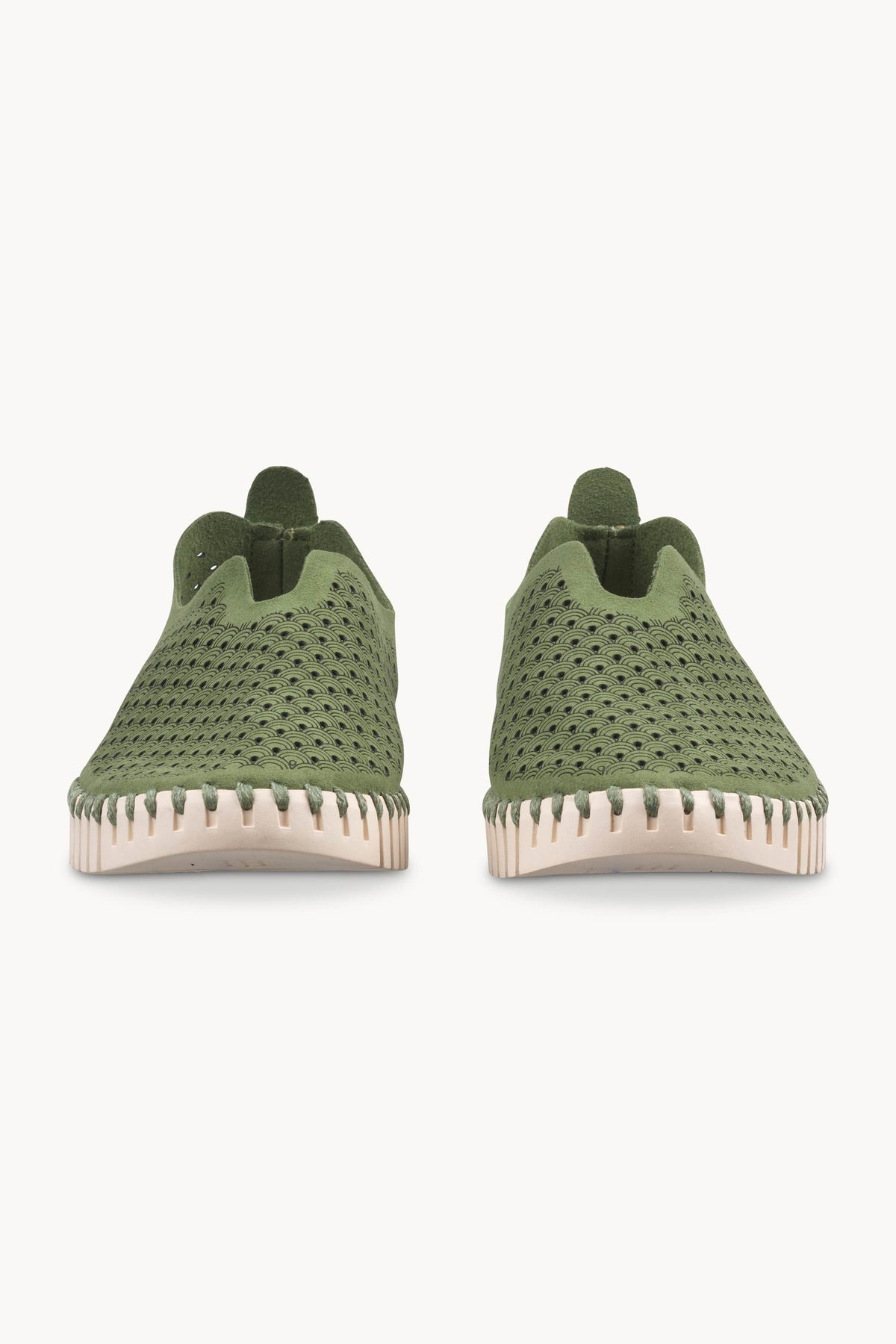 Laser-cut Slip-on Shoes on Flat Sole - Artichoke Green Pearled Ivory