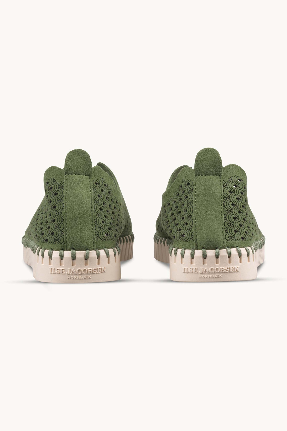Laser-cut Slip-on Shoes on Flat Sole - Artichoke Green Pearled Ivory