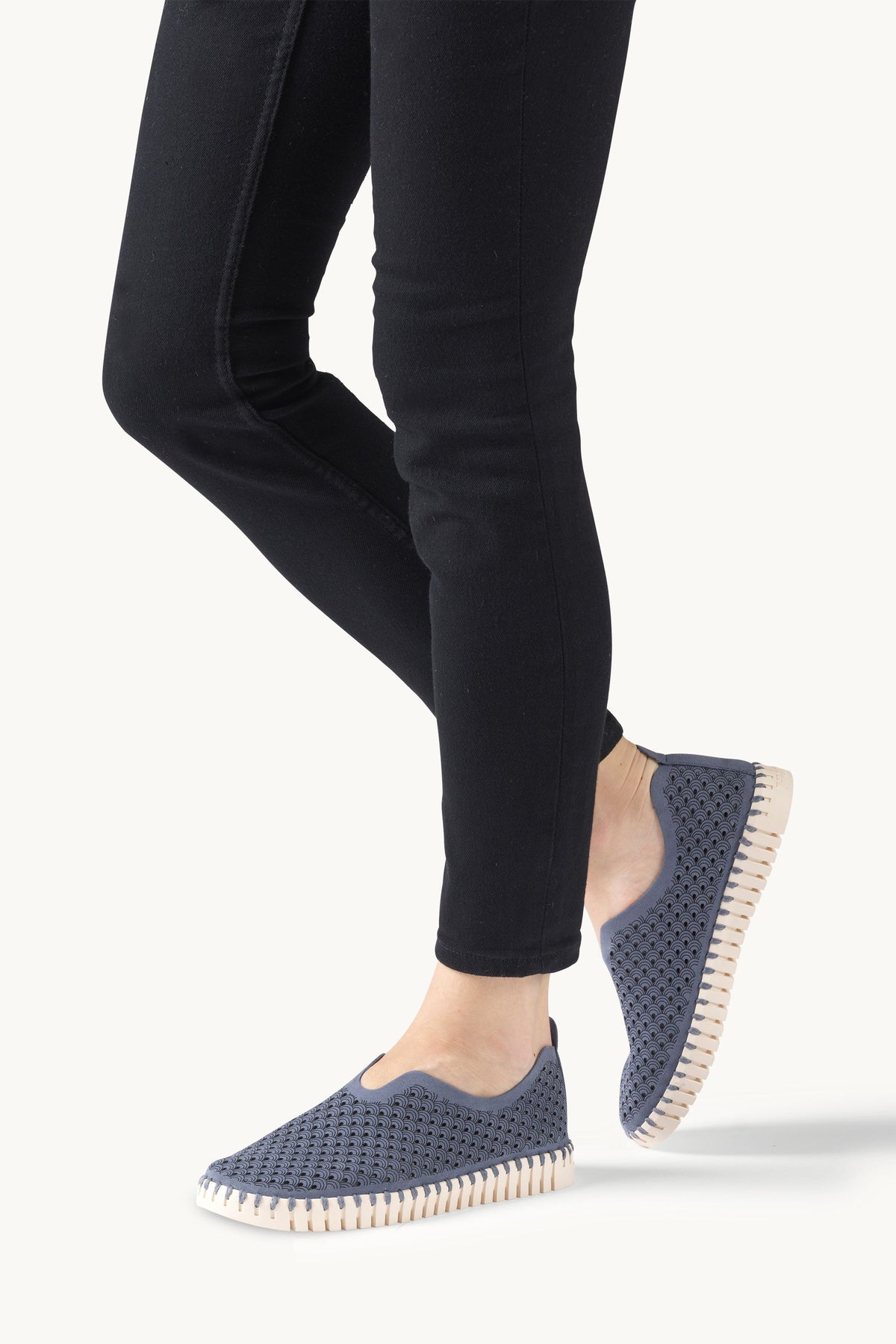 Laser-cut Slip-on Shoes on Flat Sole - Ombre Blue Pearled Ivory