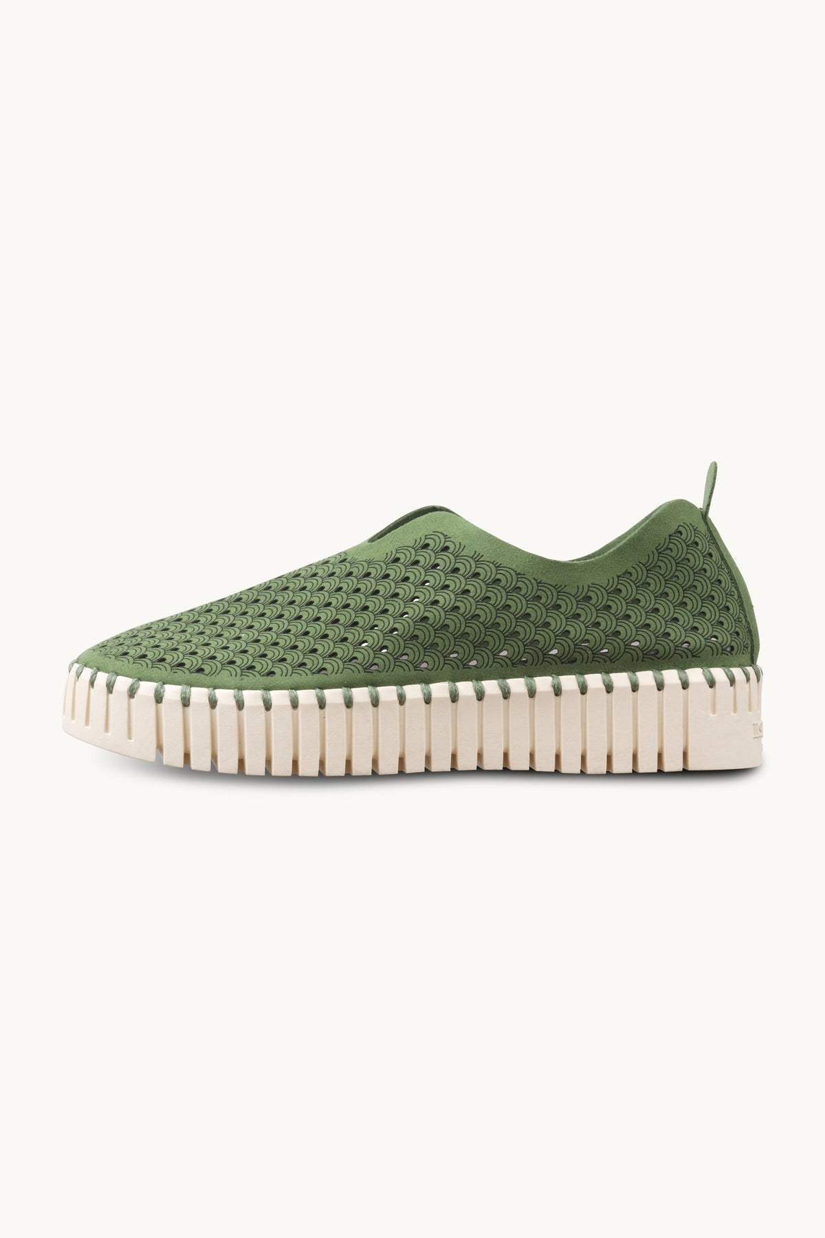 Laser-cut Slip-on Shoes on Platform Sole - Artichoke Green Pearled Ivory